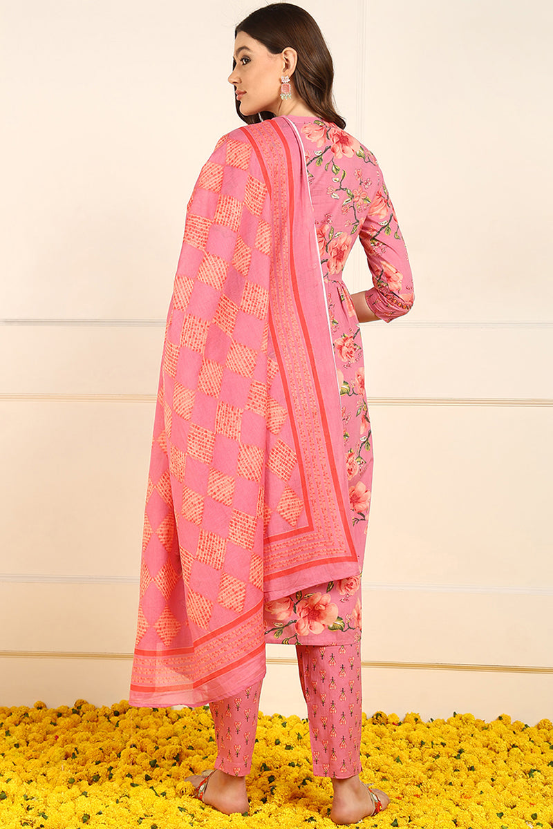 Ahika Pink Pure Cotton Floral Embroidered A-Line Suit Set JPSKD1025PNK - view 4