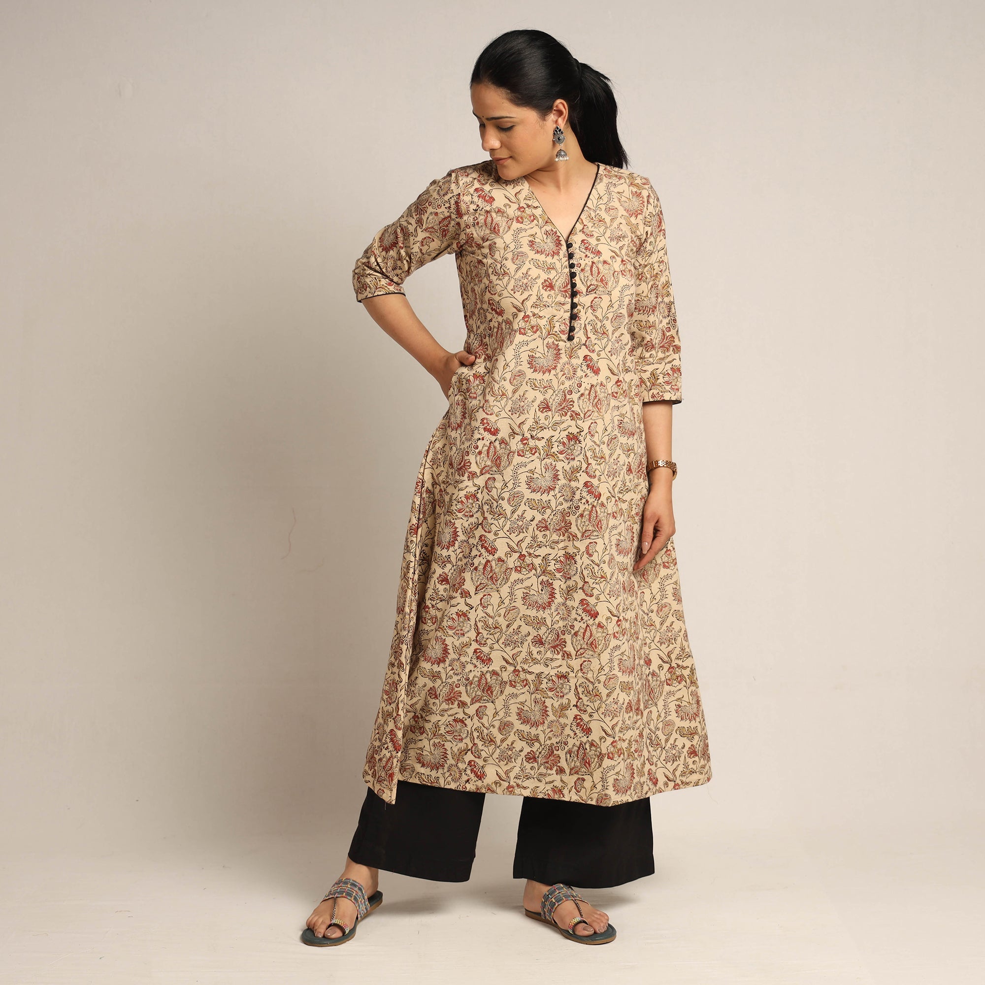 ITOKRI CASUALS Beige - Pedana Kalamkari Block Printed Cotton Kurta with Palazzo Set - view 2
