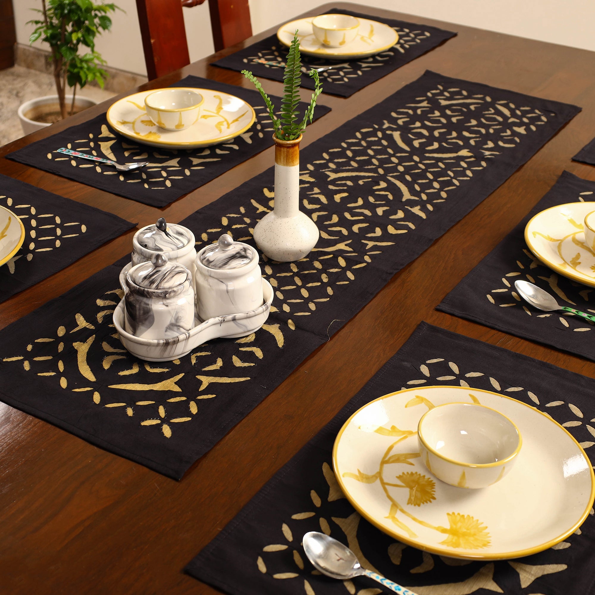 SHADES OF MARUDHARA Black - Applique Cut Work Table Runner with Table Mat Set 05 - view 2