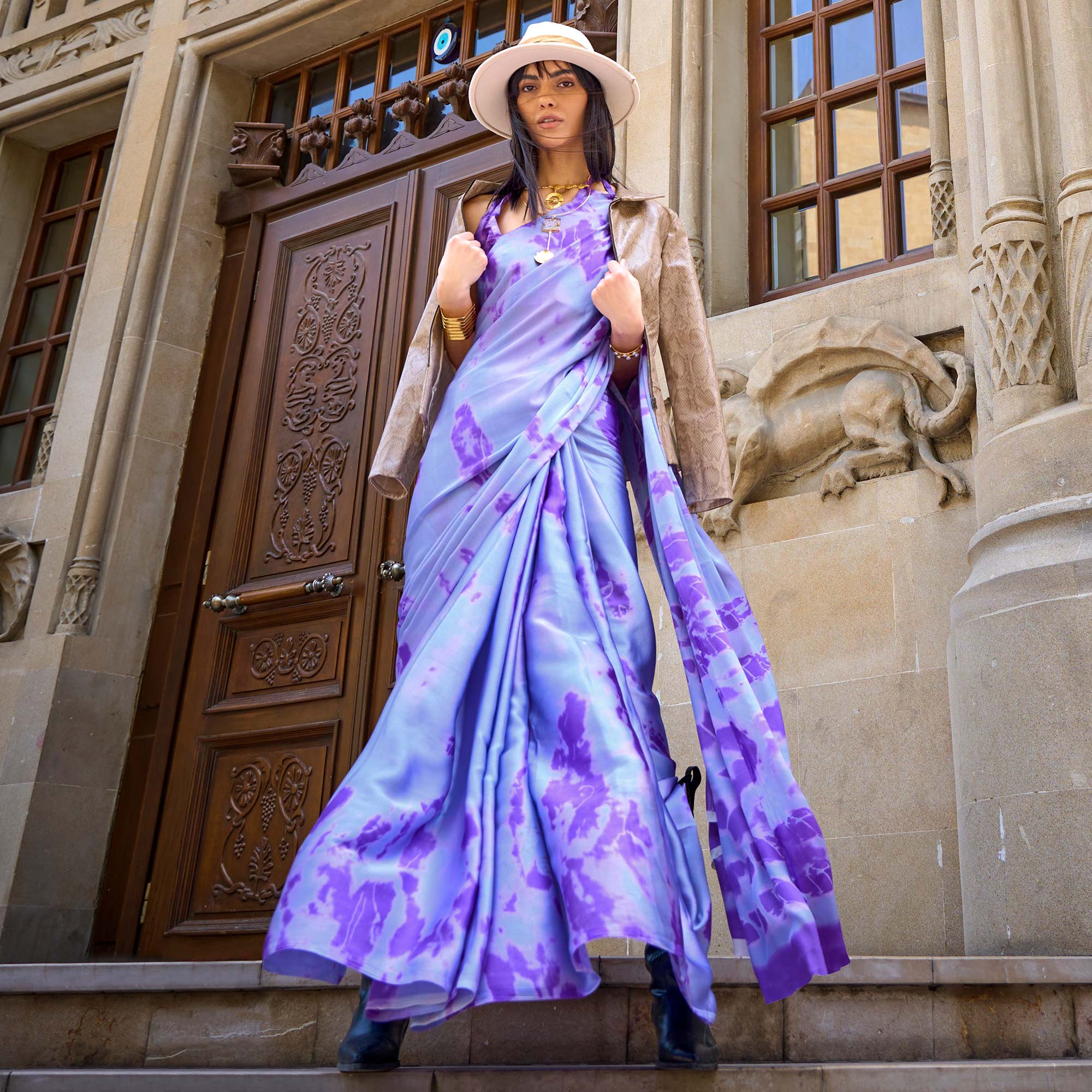 Peachmode Lavender Printed Crepe Saree – Women's - view 2