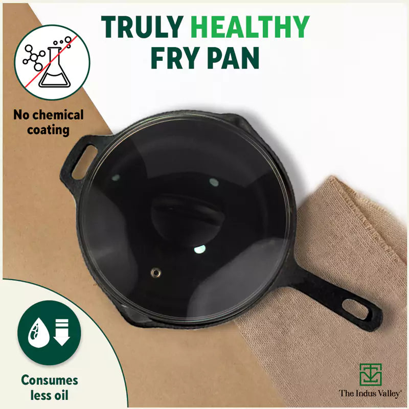 The Indus Valley Super Smooth Cast Iron Fry Pan, Glass Lid, 100% Pure, Toxin-free, Pre-seasoned, Induction, Non-stick, 20.3/25.4cm, 1.3/1.7L, 2.3/2.4k - view 4