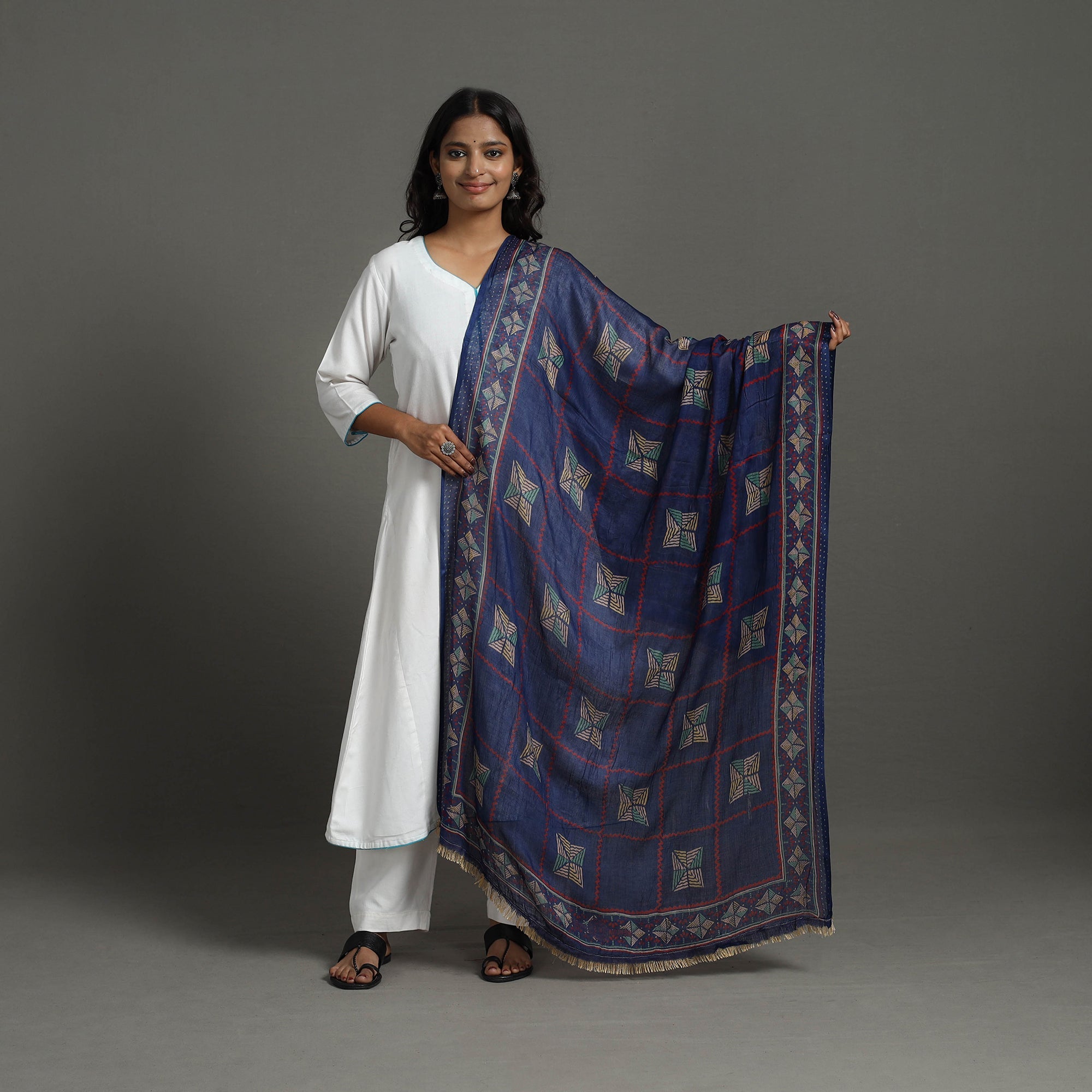 AJRAKH BY JABBAR KHATRI Blue - Ajrakh Hand Block Printed Woollen Dupatta 28