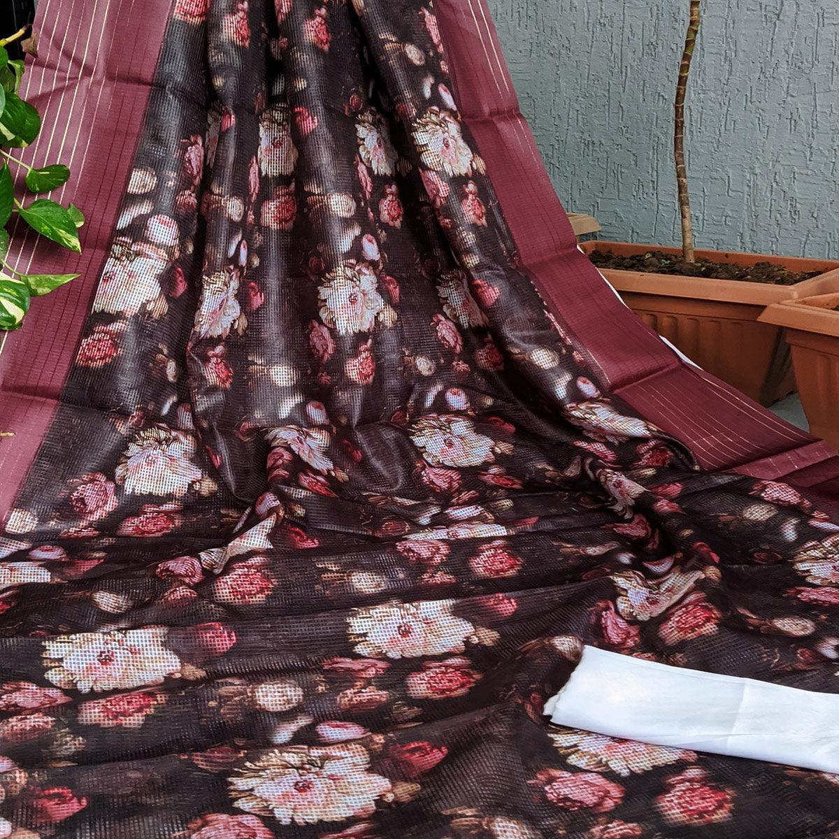 Peachmode Coffee Festive Wear Floral Digital Print With Woven Border Silk Saree - view 2