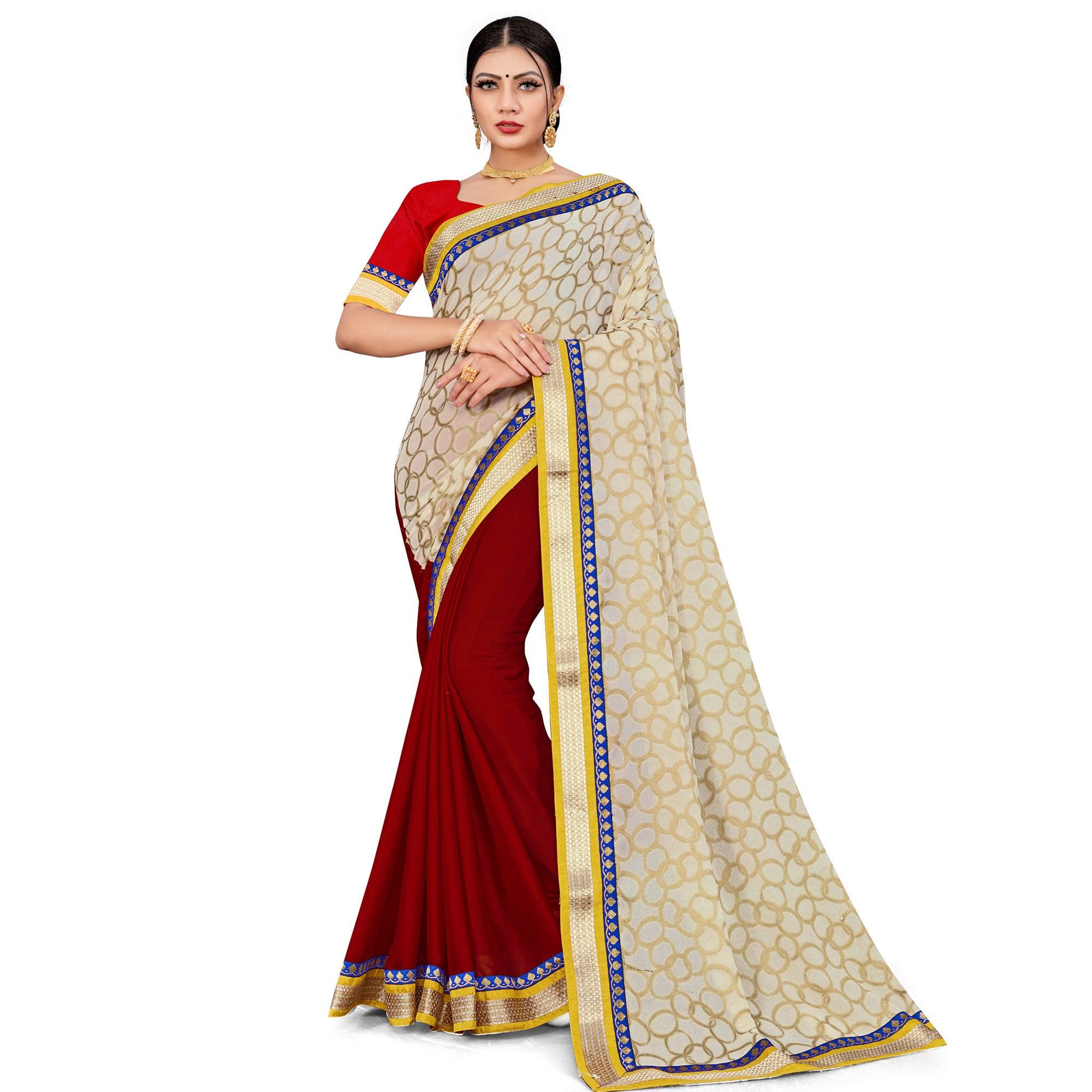 Peachmode Exclusive Maroon-Cream Colored party Wear Georgette Half-Half Saree