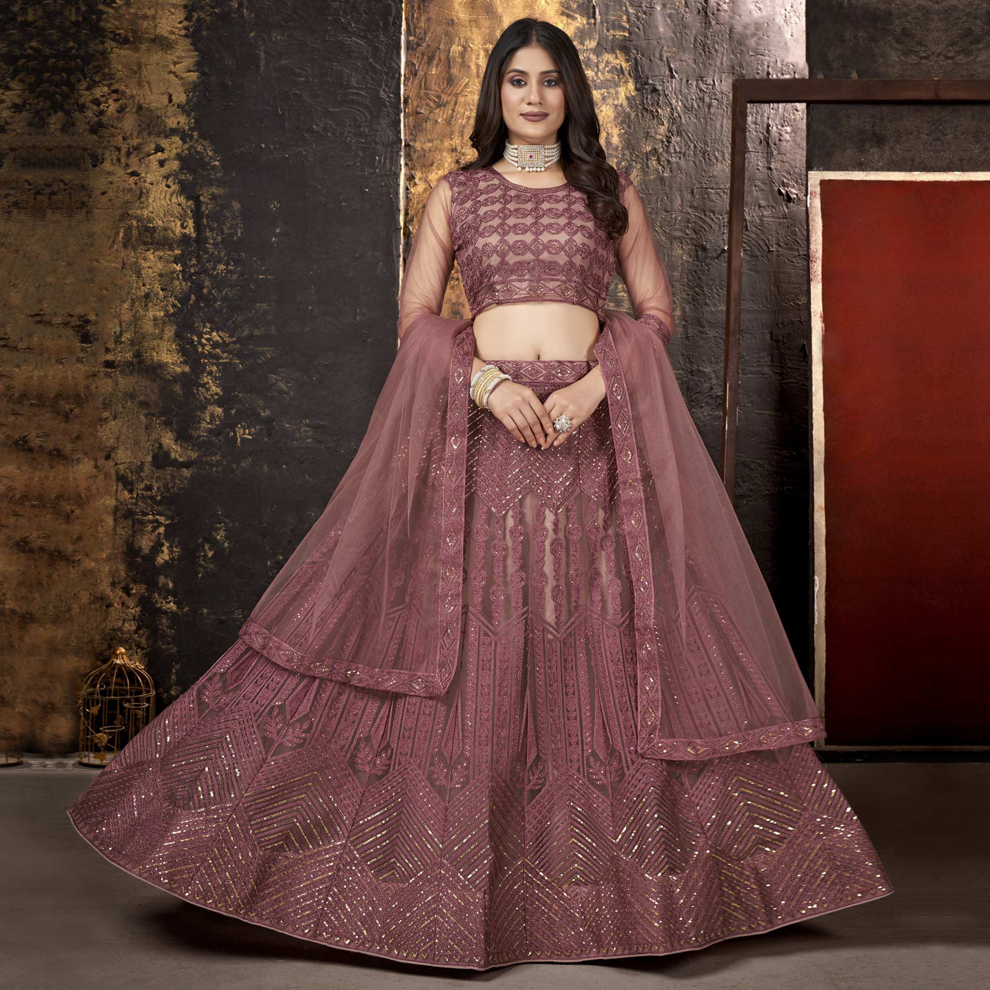 Peachmode Dusty Pink Sequins Embroidered Net Lehenga Choli