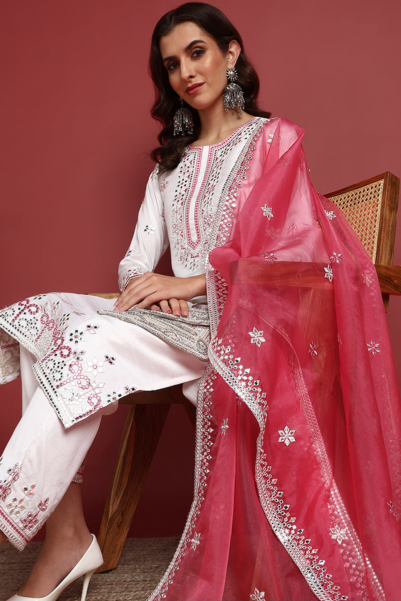 Ahika White Silk Blend Solid Embroidered Straight Suit Set PKSKD2422