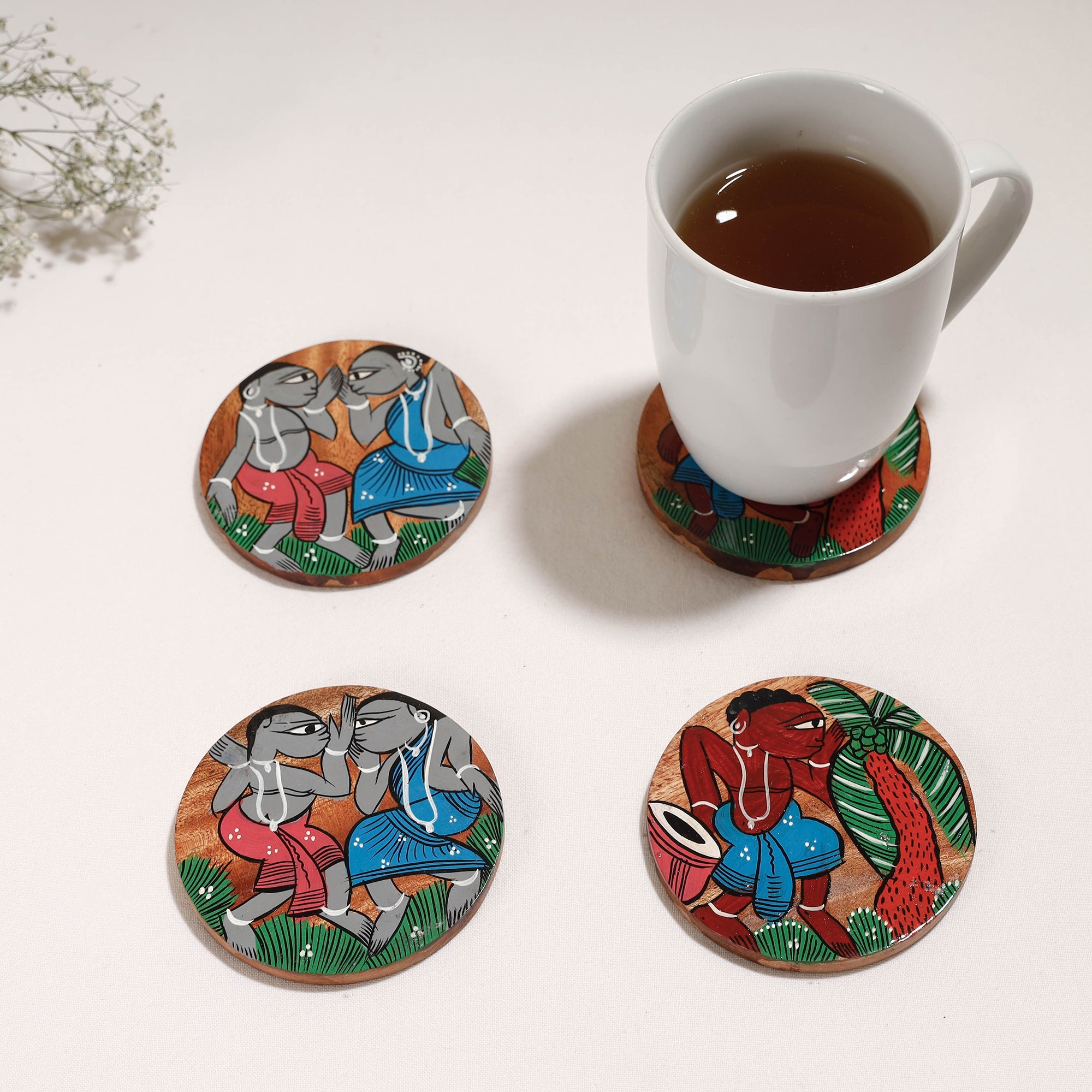 ITOKRI CRAFTS INITIATIVE Bengal Patua Handpainted Akashmoni Wooden Coasters (Set of 4)