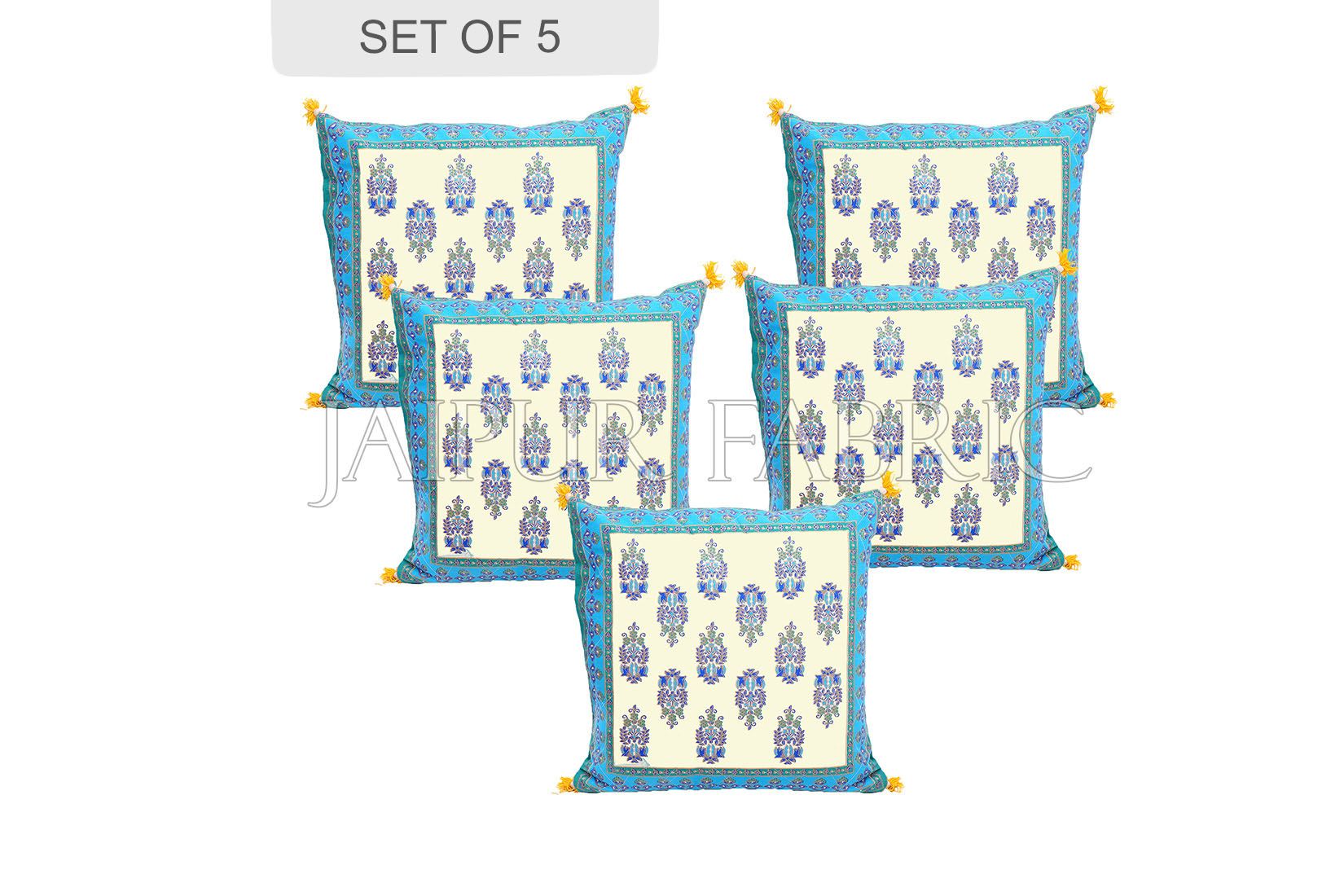 JaipurFabric® Cream Base with Cyan Border Rajasthani Kalash Design Cotton Cushion Cover