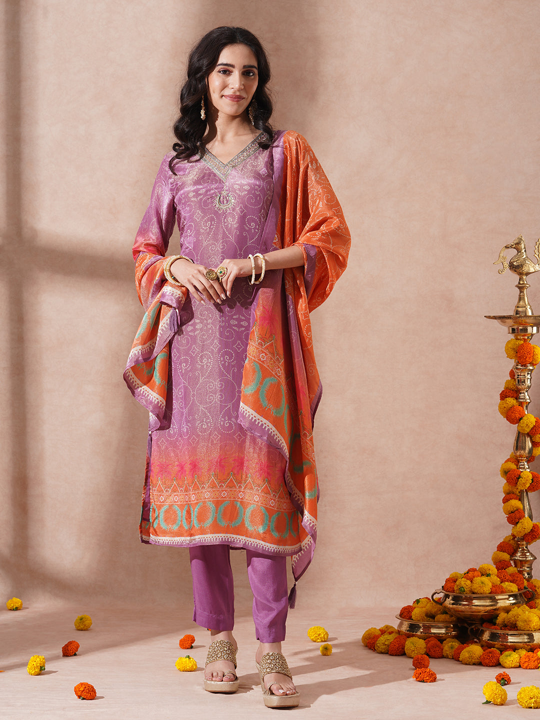 FASHOR Ethnic Printed & Embroidered Straight Tissue Kurta with Pant and Dupatta - Purple