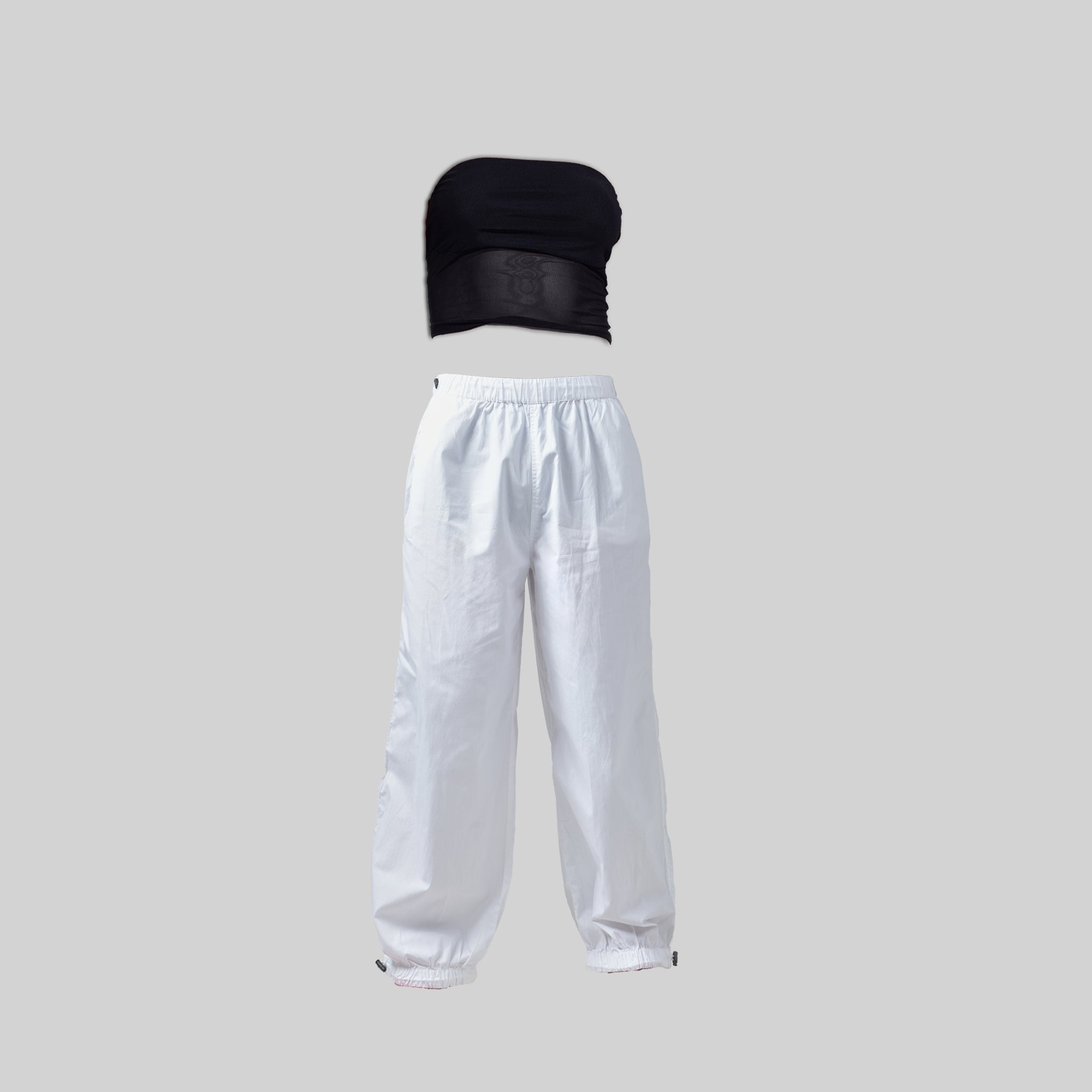 I Z F Black Tube Top & White Parachute Pants