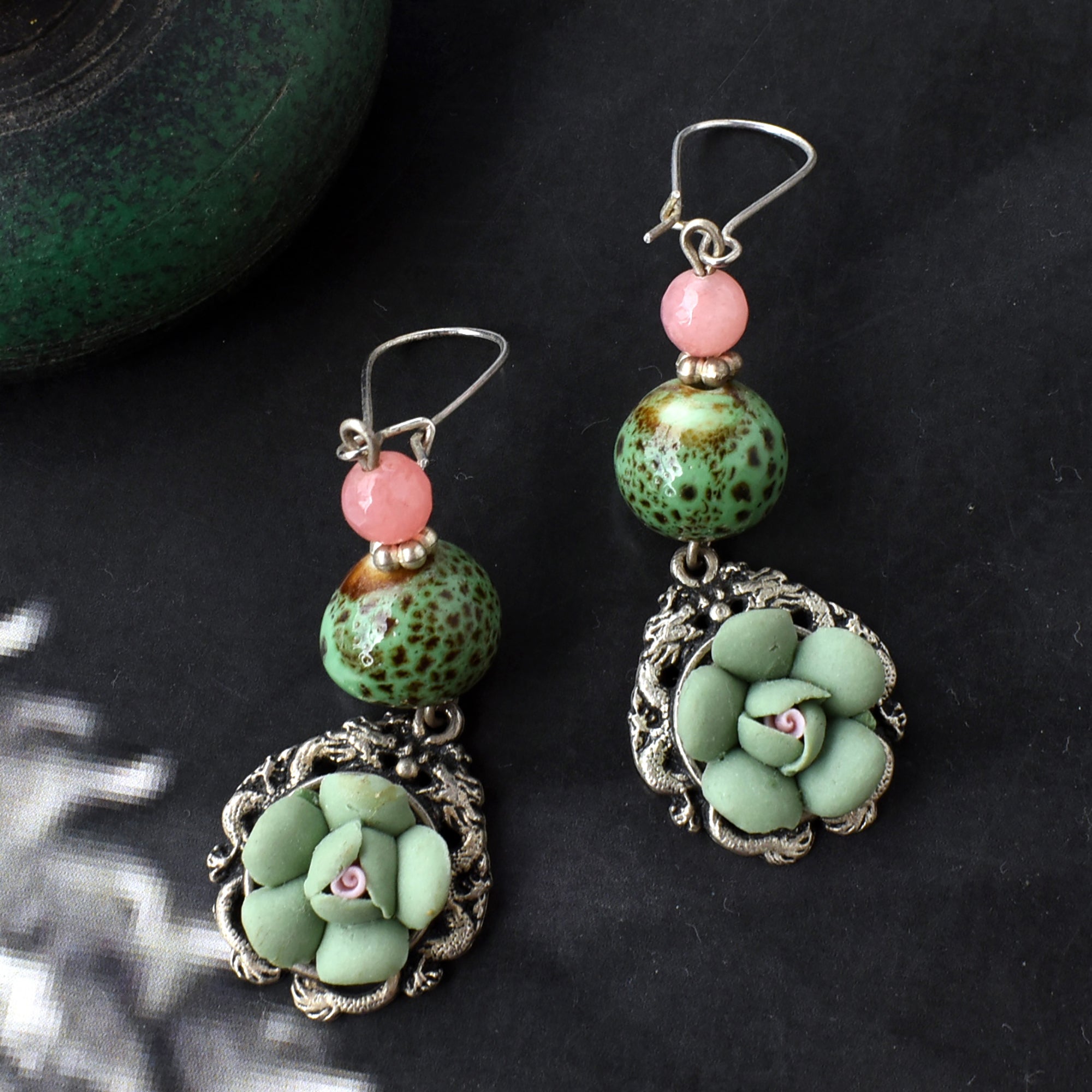 Bindurekha Green & Pink Flower Earrings