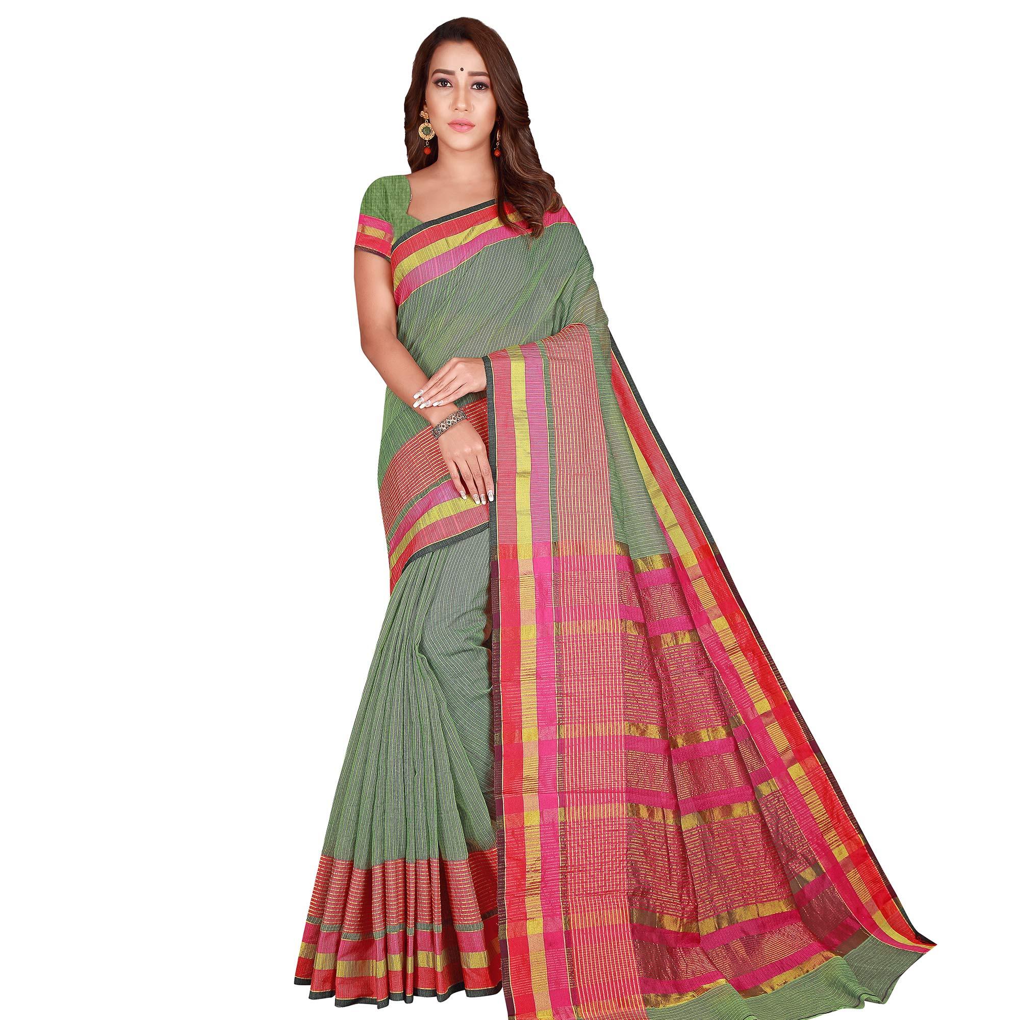 Olive sarees – BlackTree glowing-olive-green-colored-casual-wear-printed-cotton-handloom-saree-79399