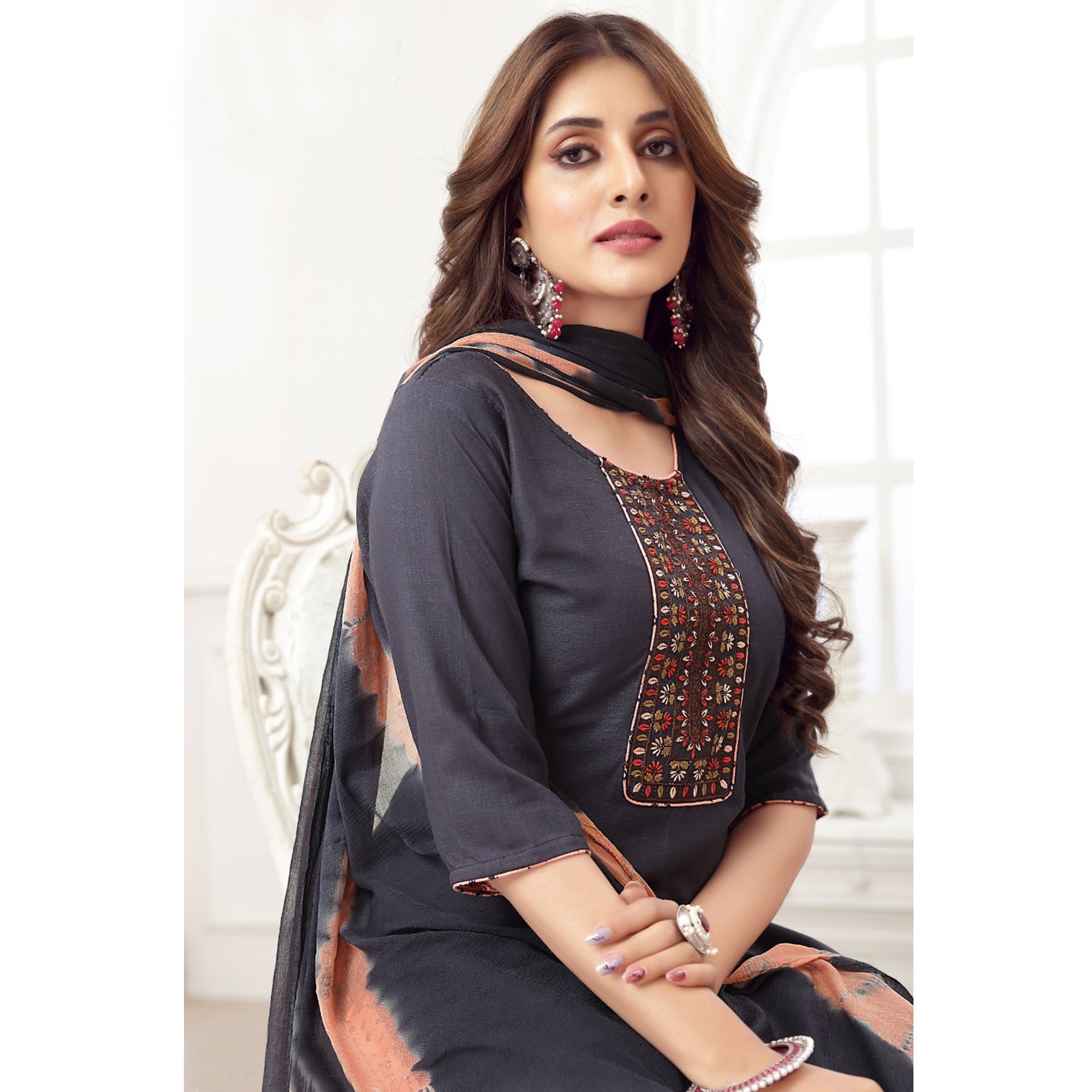 Peachmode Seller Dark Grey Embroidered Rayon Patiala Suit - view 4