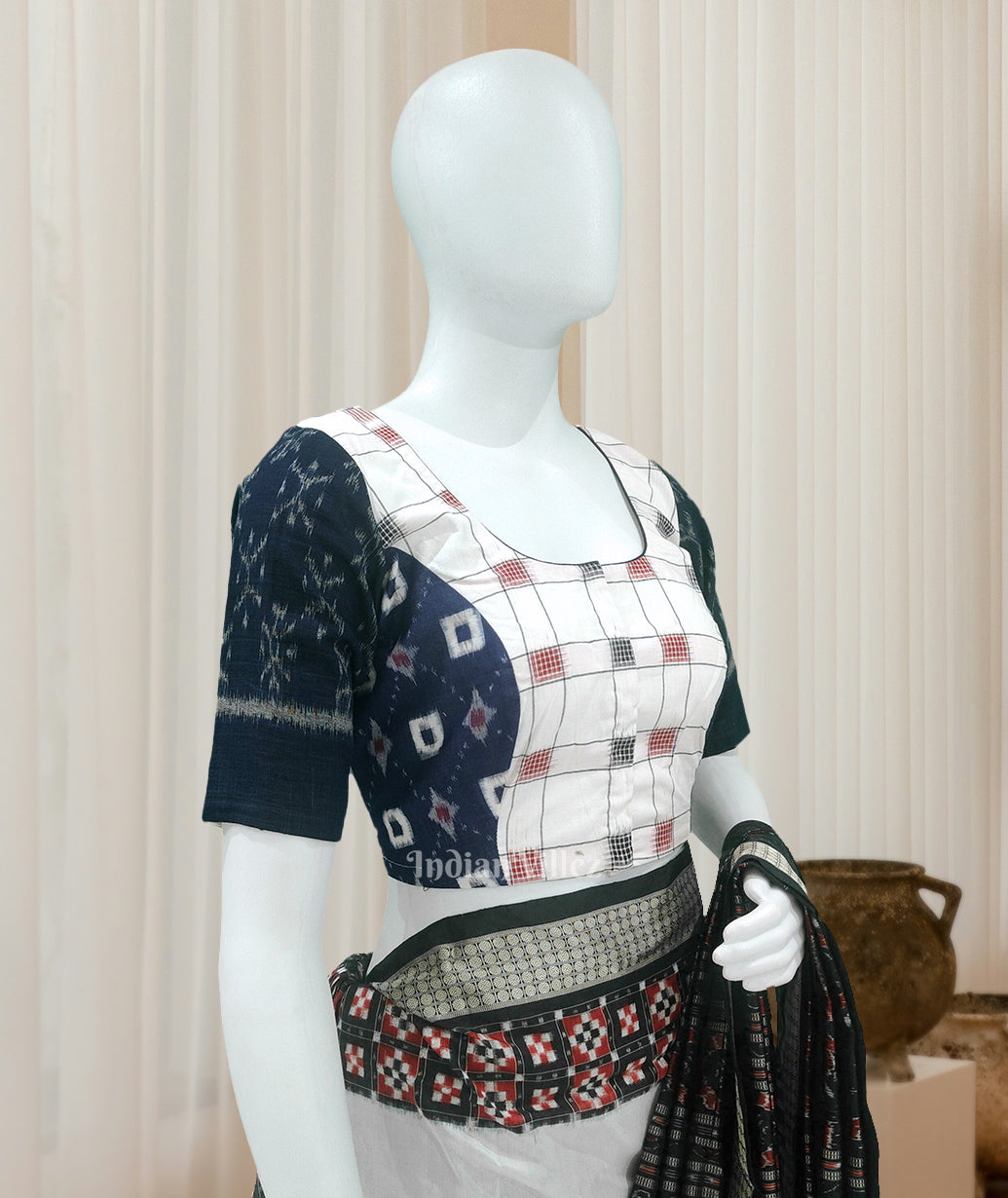 IndianVillèz White Blue Odisha Ikat Sambalpuri Cotton Blouse