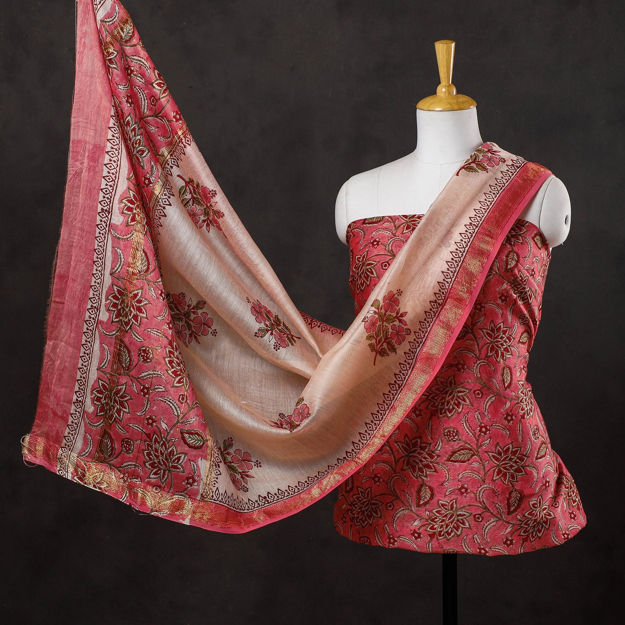 ARTISAN HAND BLOCK PRINTS 3pc Sanganeri Block Printed Maheshwari Silk Suit Material Set