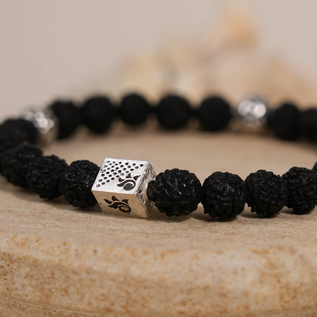 Prinjal Jewellers Black Rudraksha and Om Silver Beads Bracelet