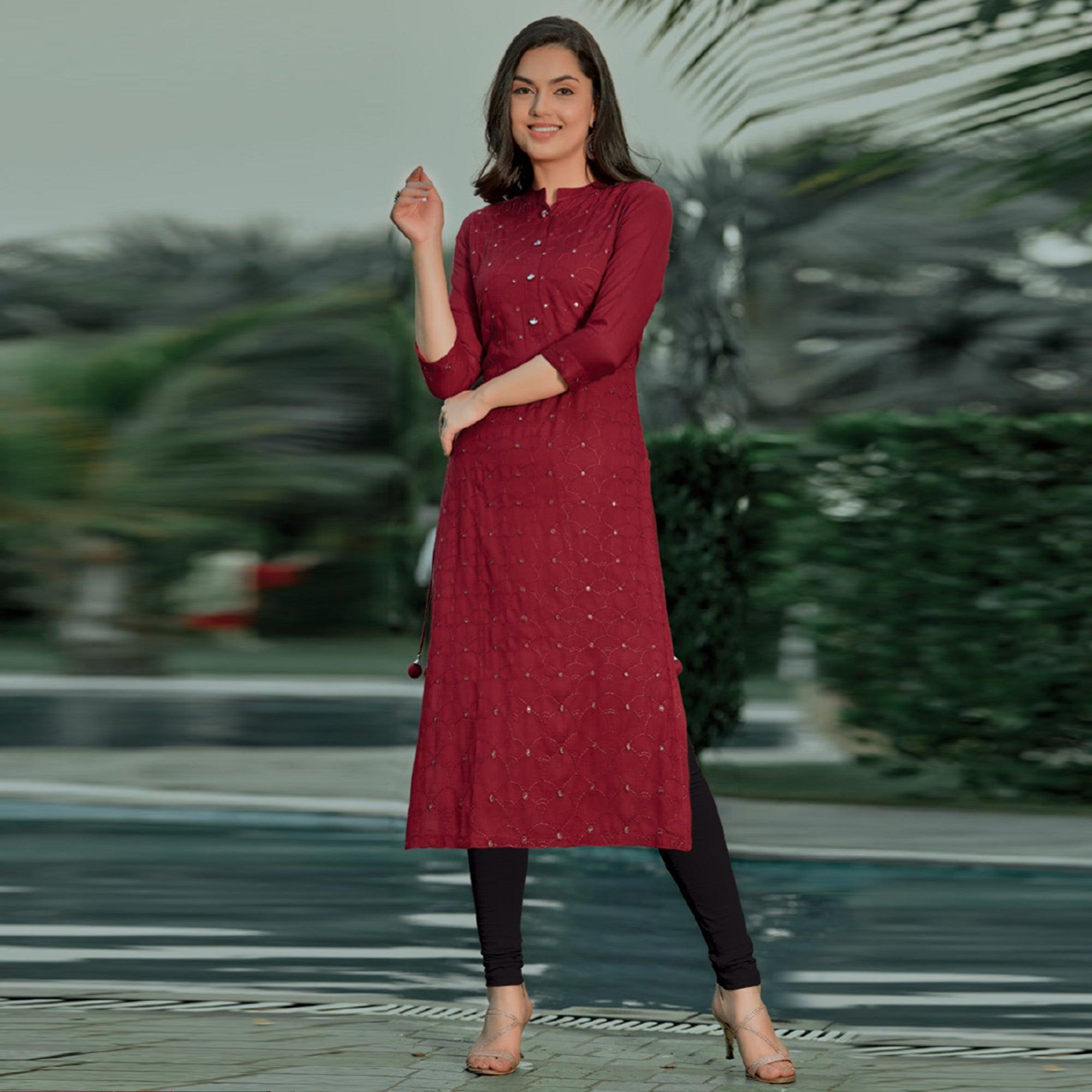 Peachmode Seller Maroon Embellished With Embroidered Cotton Kurti - view 2