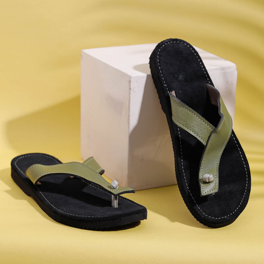 AASAI HANDICRAFT FOOTWEAR AUROVILLE Black & Green Handcrafted Women's Leather Slippers with Suede