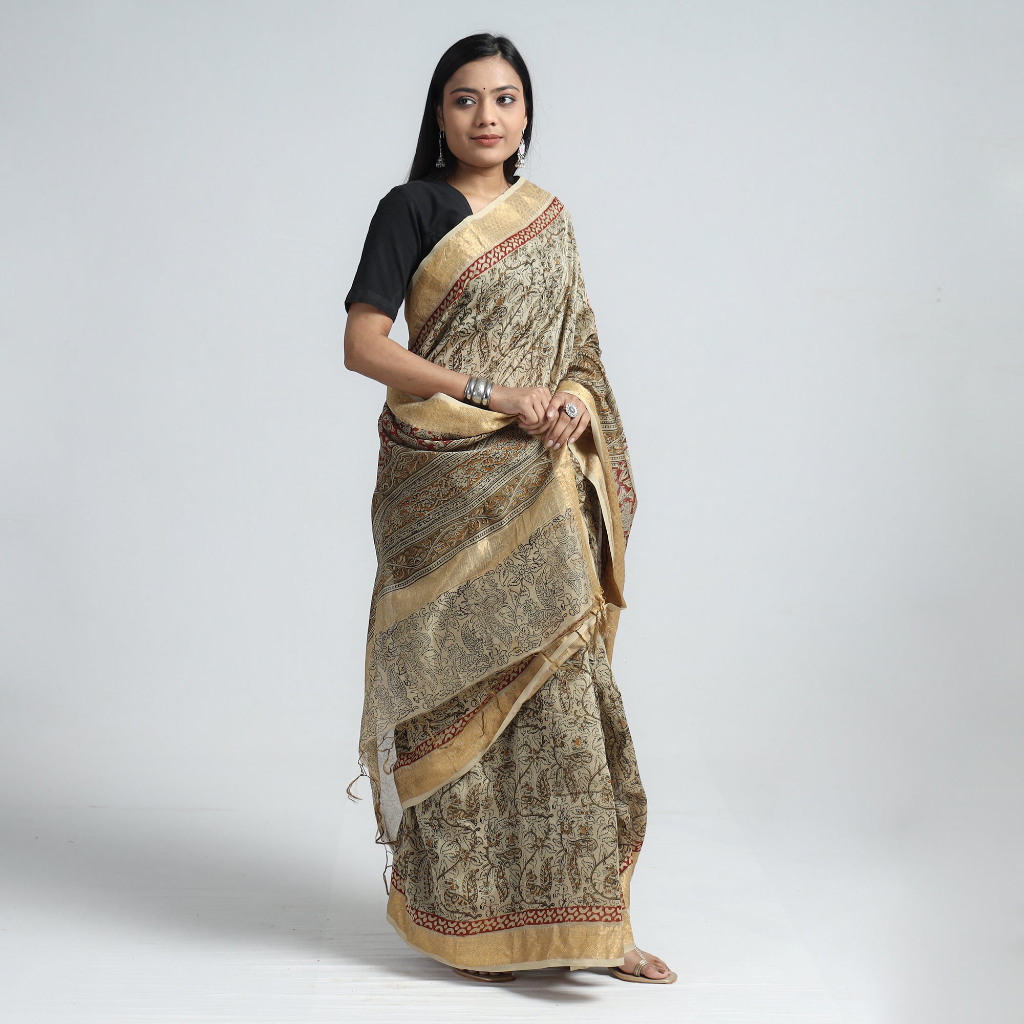 VENKATA BHANU KALAMKARI PEDANA Beige - Original Pedana Kalamkari Block Print Silk Saree