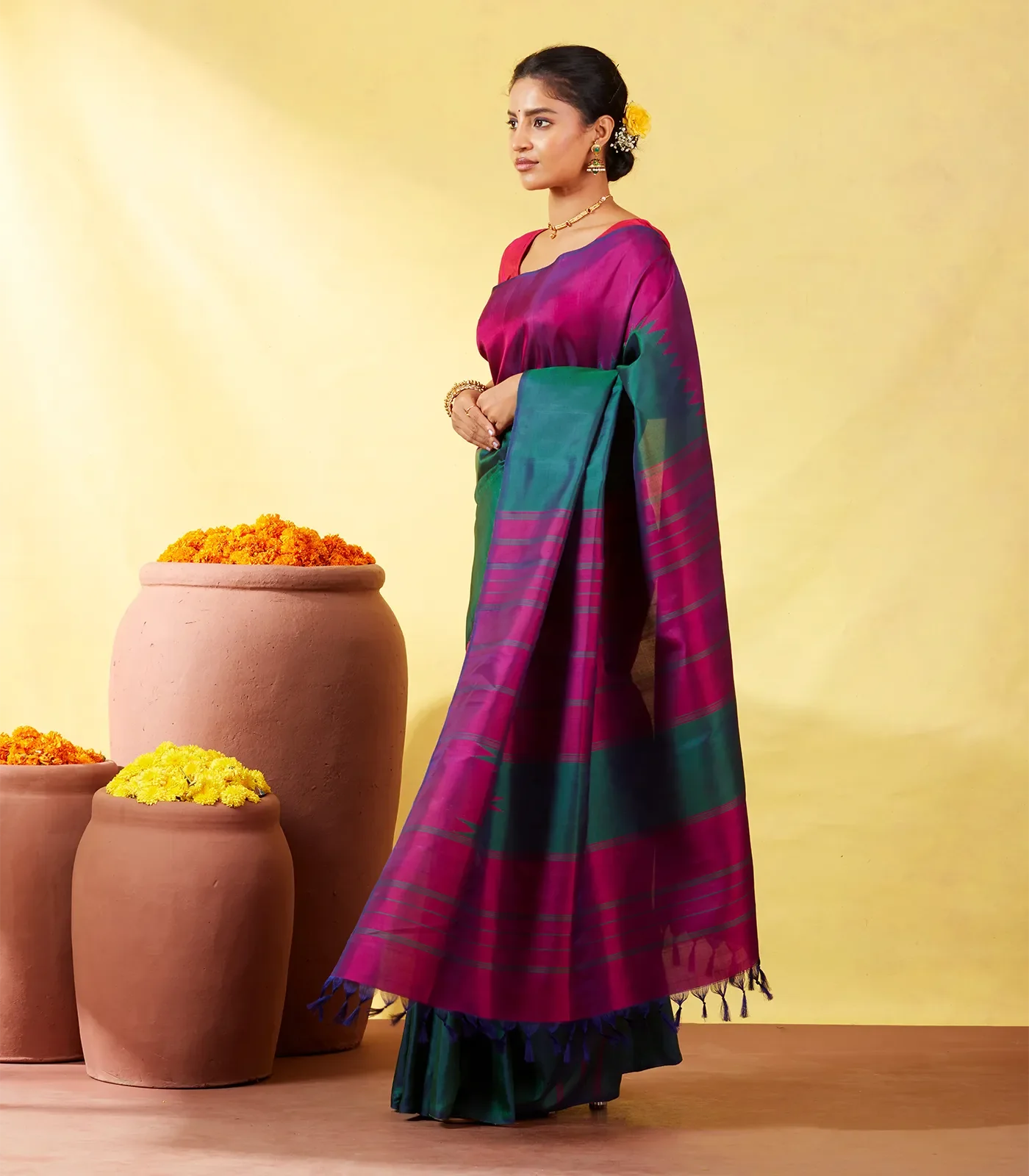 RmKV Silks Teal Handloom Kanchipuram Rising Border Silk Saree - view 2