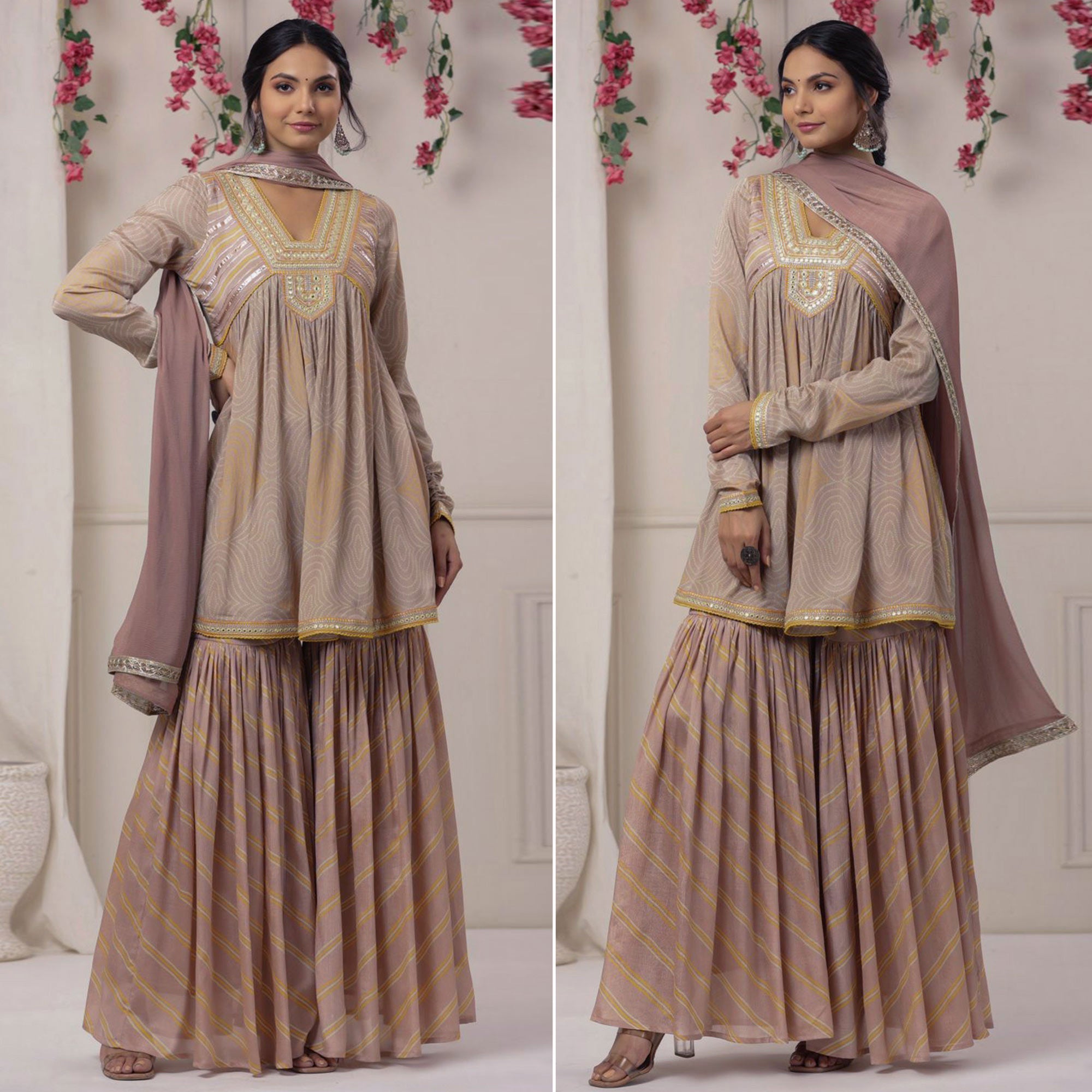 Peachmode Mauve Printed With Embroidered Chiffon Sharara Suit