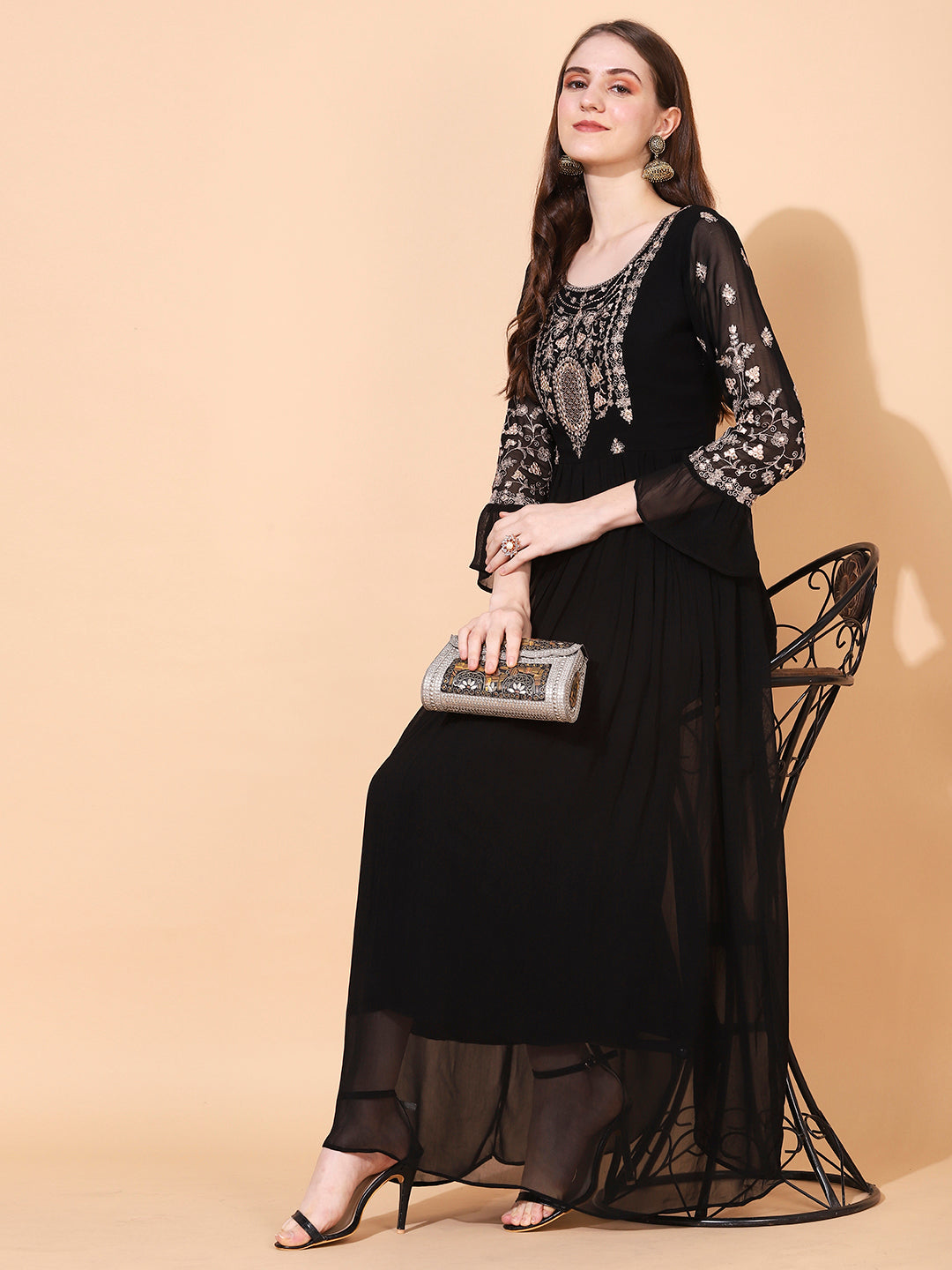 Fashor Floral Embroidered Flared Maxi Dress - Black