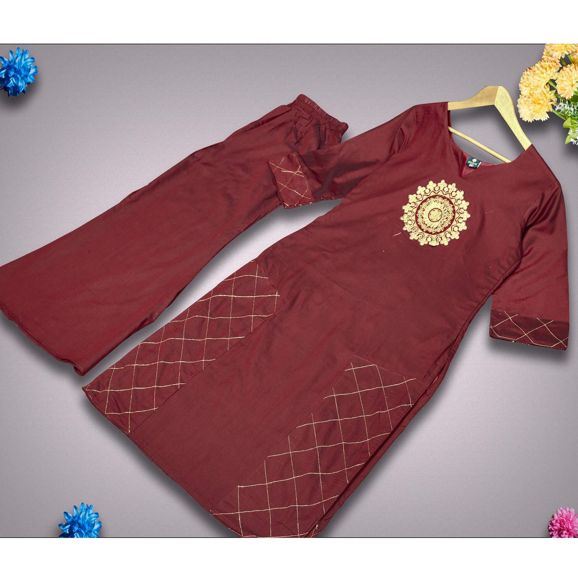 Peachmode Seller Intricate Maroon Colored Partywear Embroidered Pure Viscose Silk Kurti-Palazzo Set - view 2
