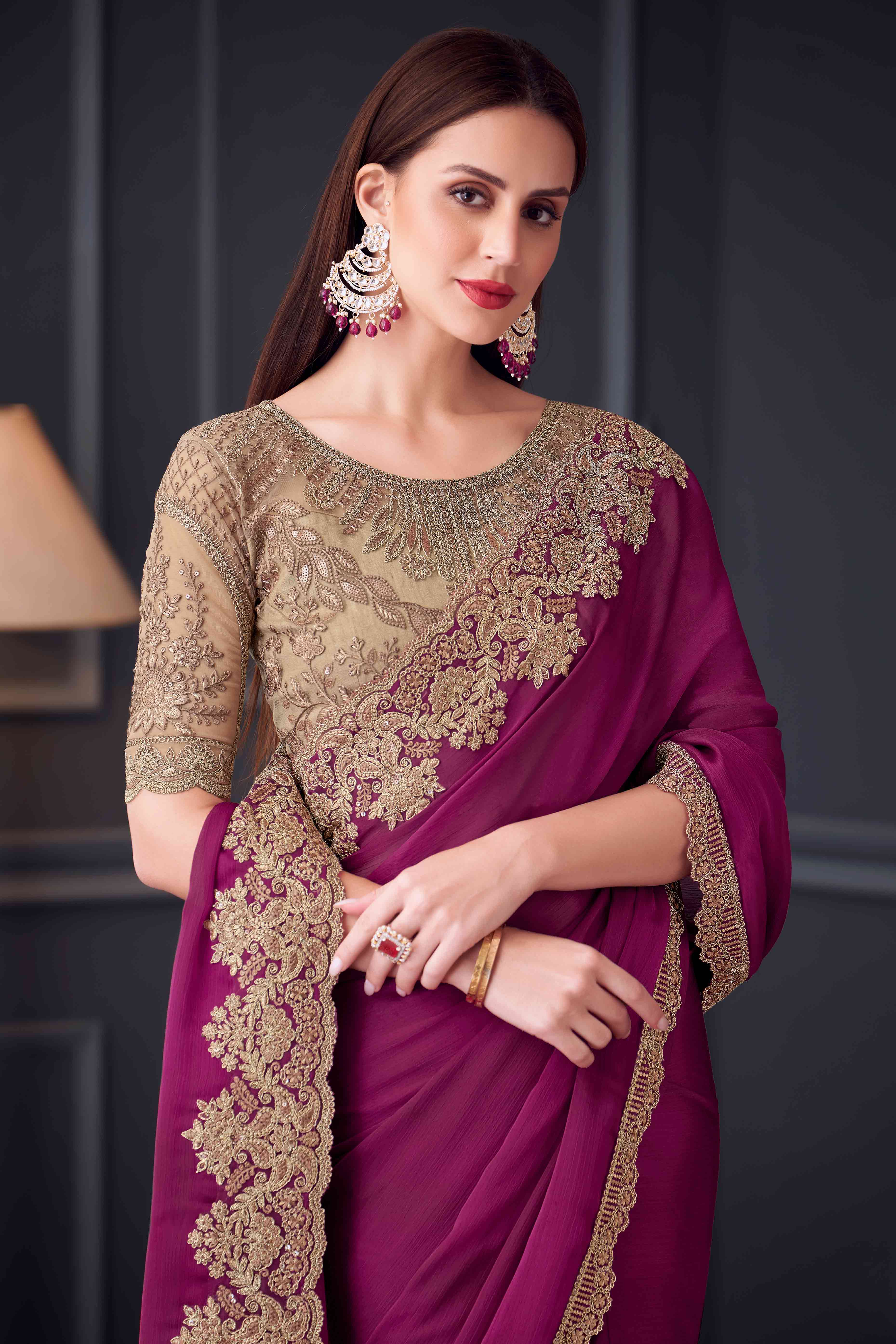 Peachmode Magenta Sequins Embroidered Satin Saree - view 3