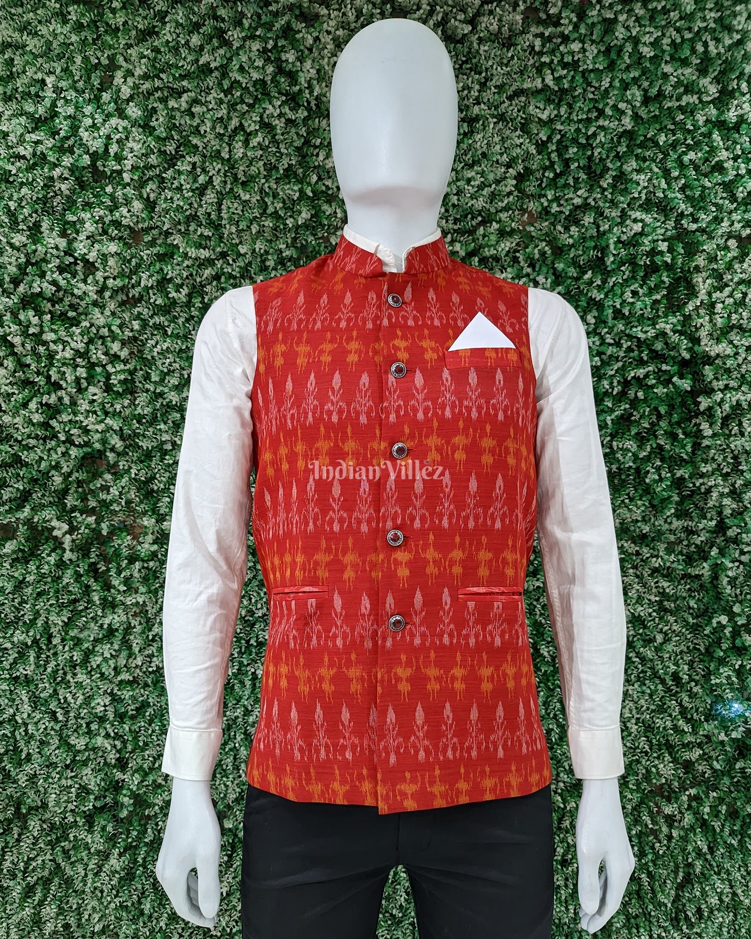 IndianVillèz Red Tribal Design Odisha Ikat Cotton Half Bandi Jacket for Men