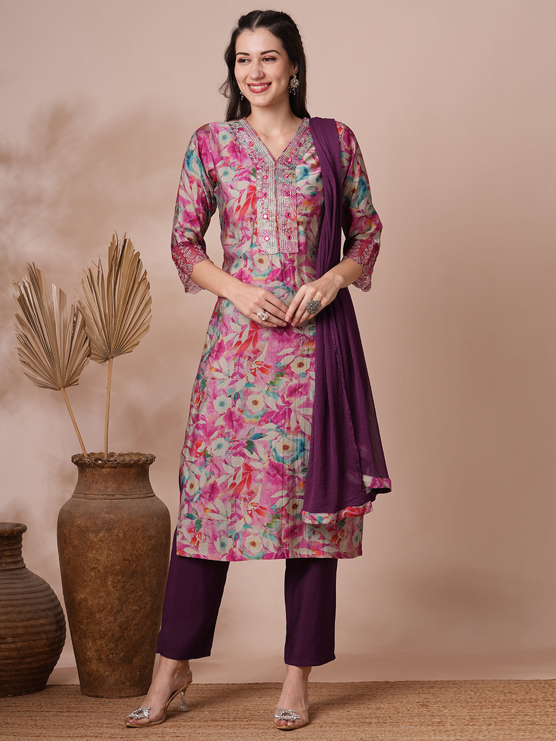 FASHOR Floral Printed & Embroidered Straight Fit Kurta with Pant and Dupatta - Pink