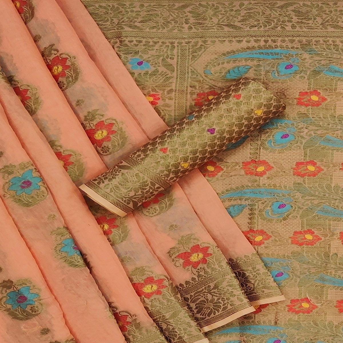 Peachmode Light Orange Festive Wear Printed Cotton Saree - view 2