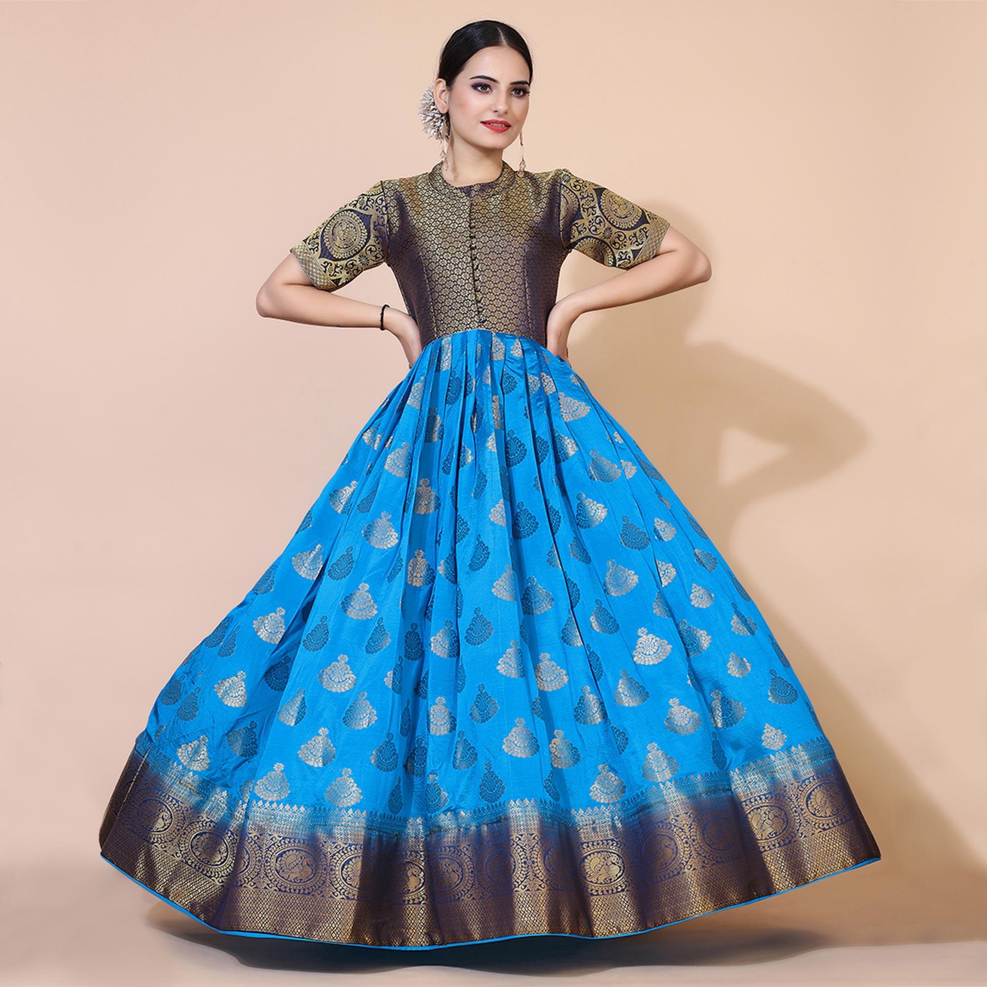 Peachmode Seller Blue Woven Jacquard Anarkali Style Gown