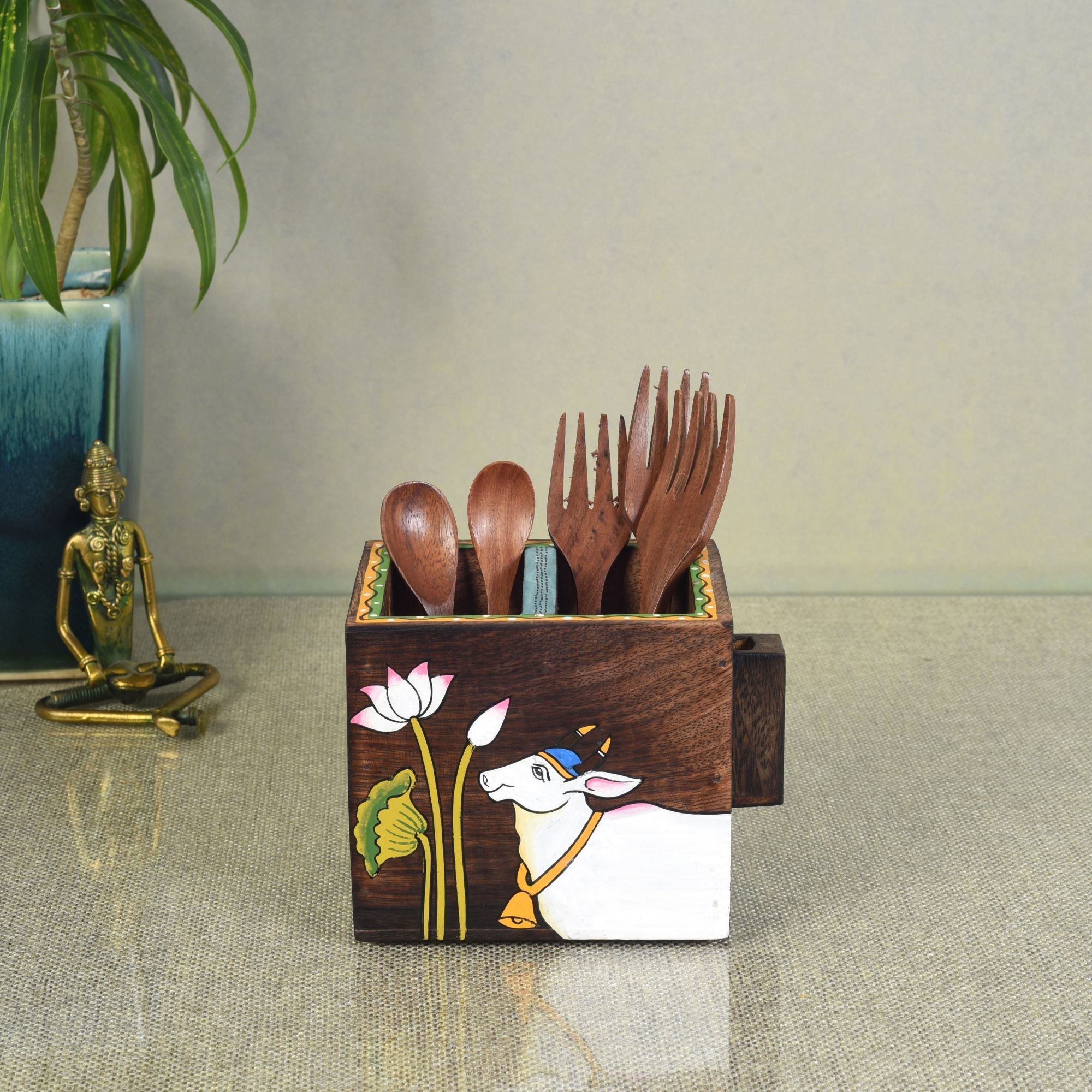 ART CREATIONS BY SUMAN SONTHALIA Brown - Pichhwai Leela Cutlery Holder