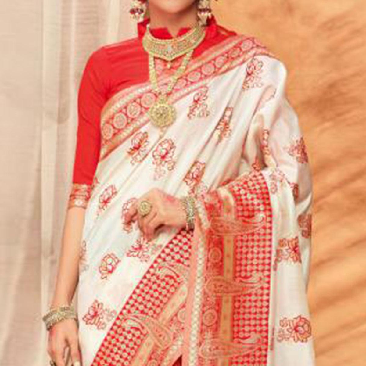 Peachmode Gleaming Cream & Red Colored Festive Wear Woven Silk Blend Saree With Tassels - view 2