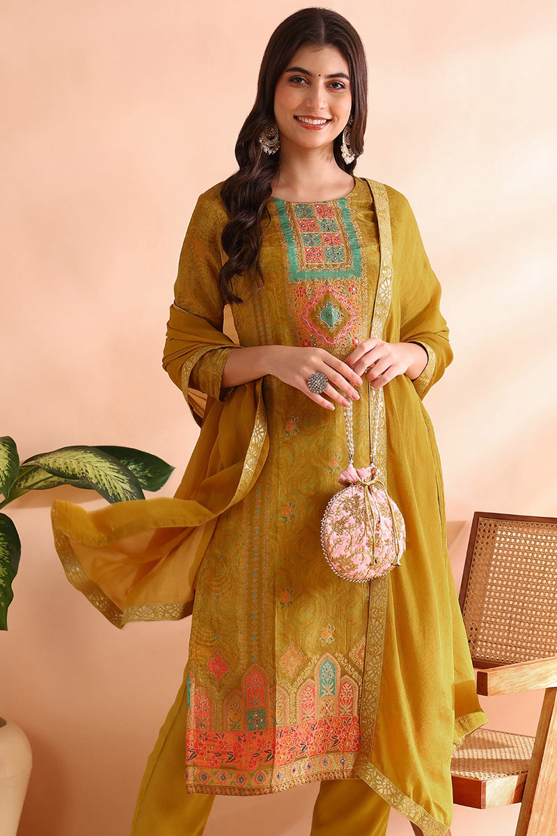 Ahika Mustard Yellow Silk Blend Abstract Woven Design Straight Trouser Bottom Suit Set PKSKD2583 - view 2