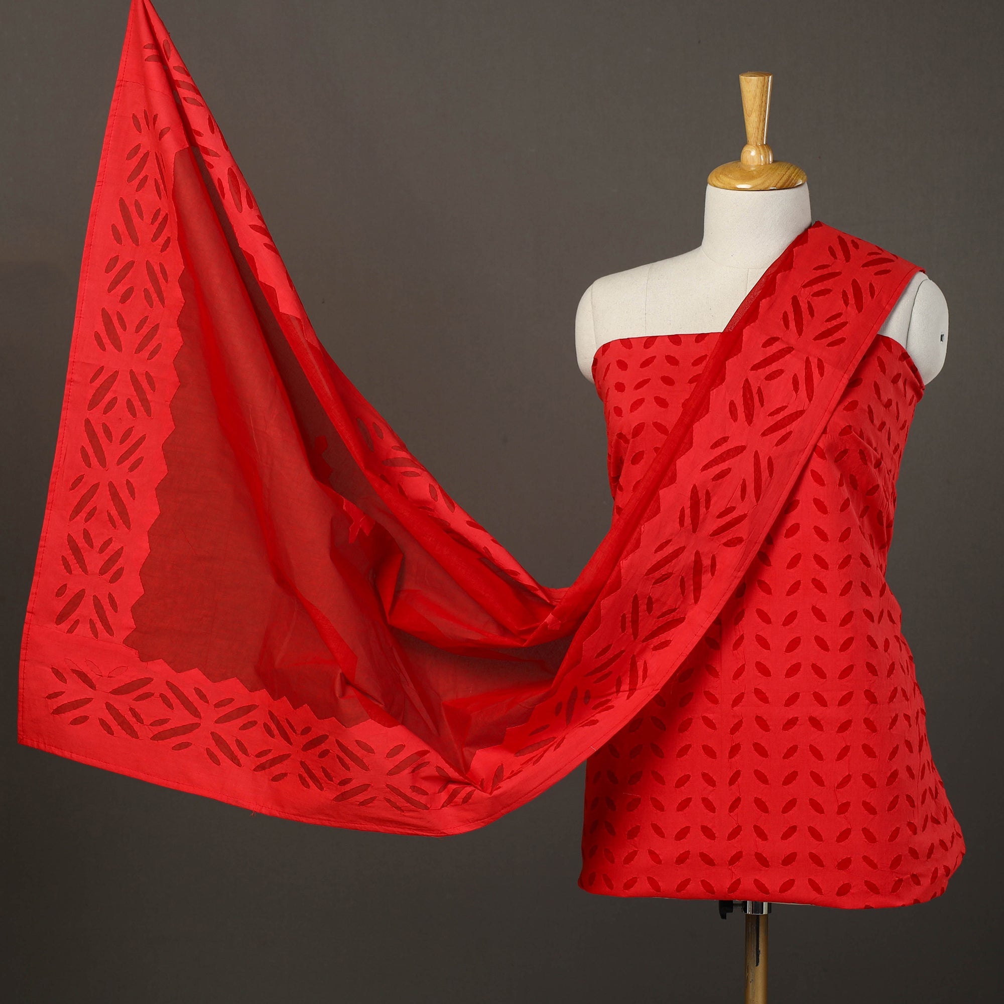 SHADES OF MARUDHARA Red - 3pc Cut Work Cotton Barmer Applique Dress Material 14