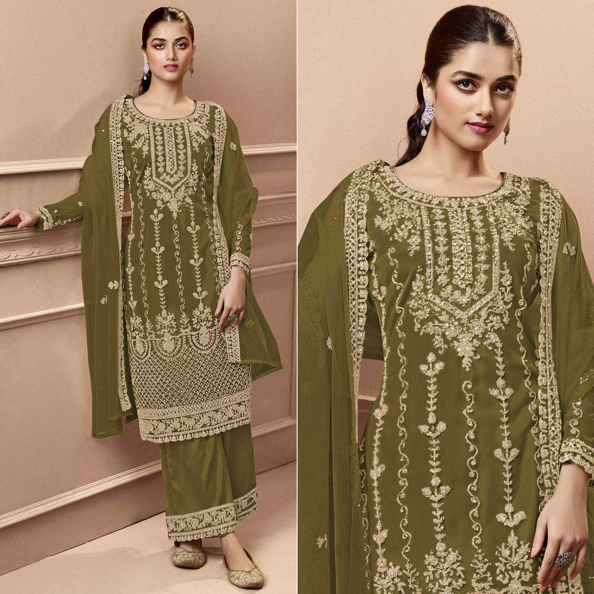 Peachmode Mahendi Green Floral Embroidered Netted Pakistani Suit