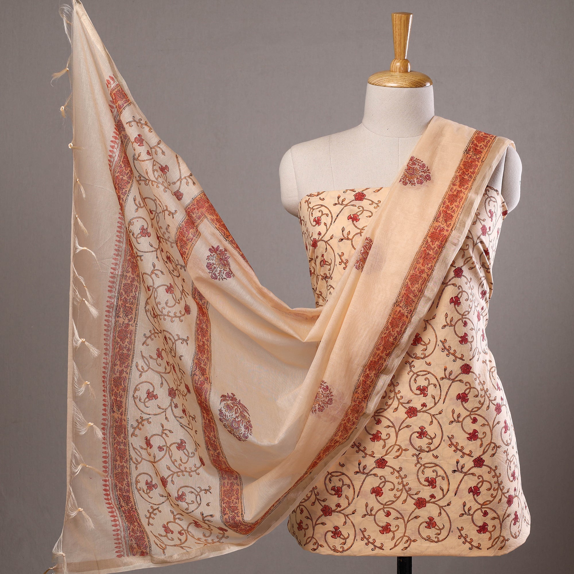 HAVELI CHRONICLES Beige - 3pc Sanganeri Block Printed Cotton Suit Material with Chanderi Silk Dupatta 23