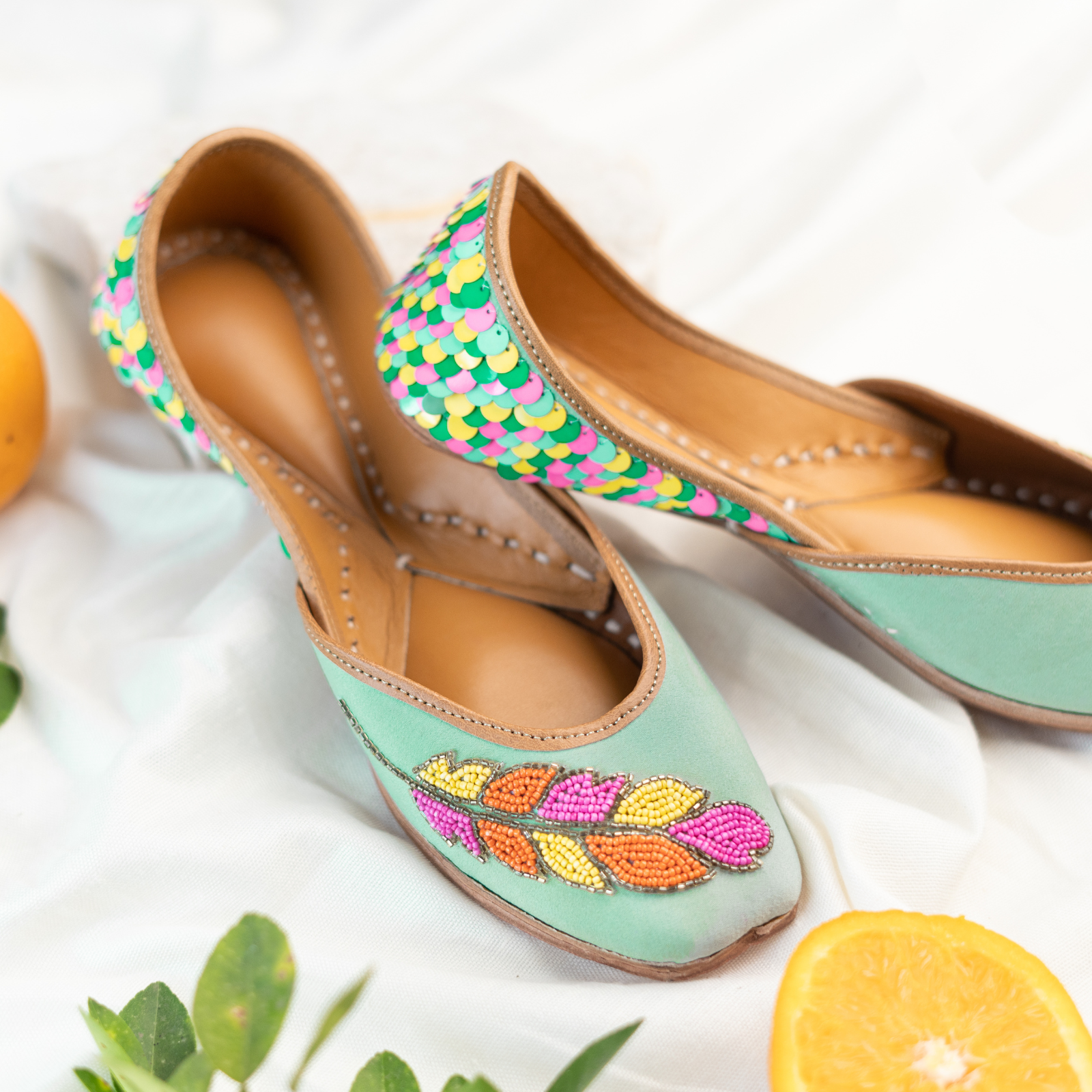 BlackTree Mint Green Sequins and Beaded Leaf Jutti - view 4