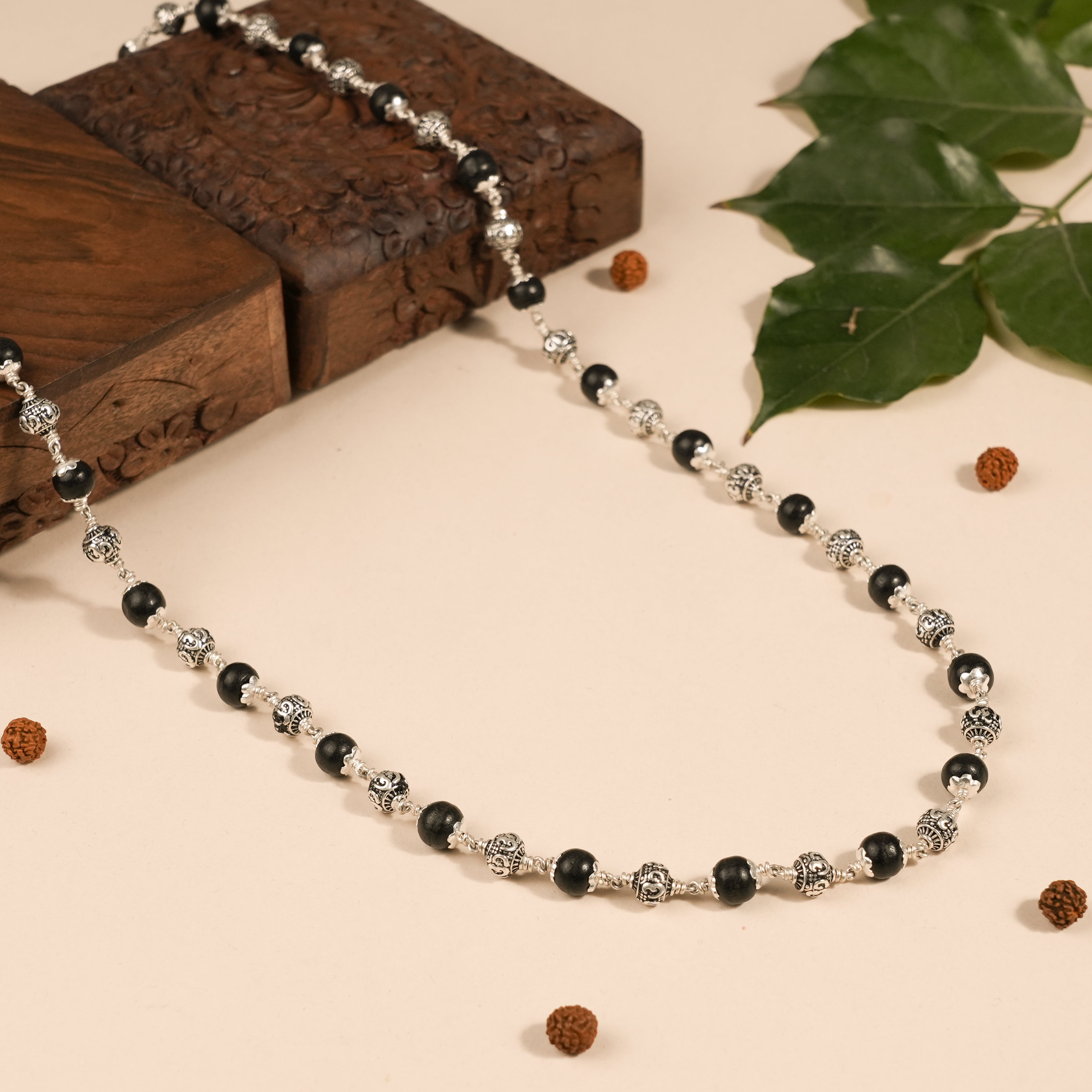 Prinjal Jewellers Karungali With Om Silver Beads Mala - view 2