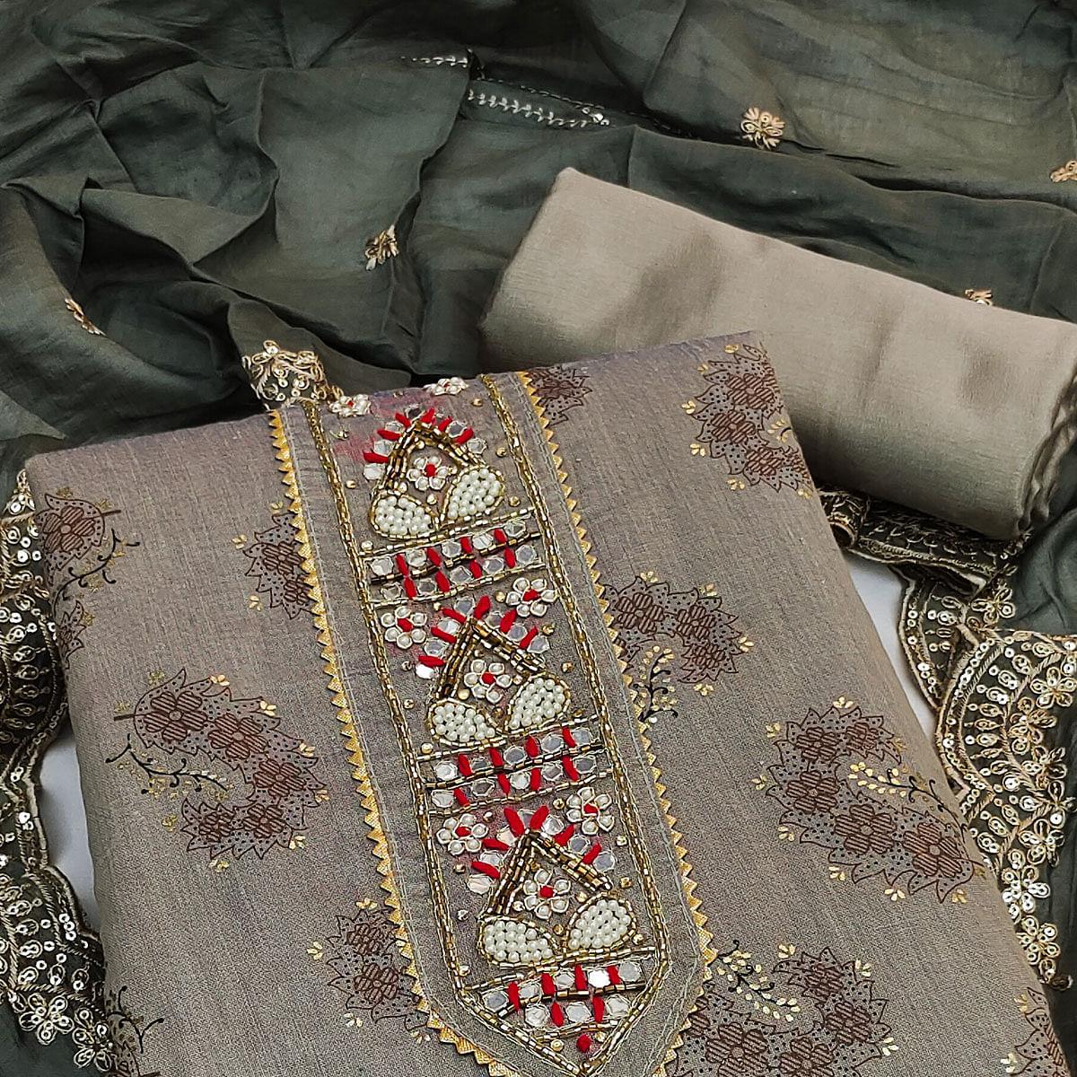 BlackTree grey-floral-printed-chanderi-dress-material-142943 - view 2