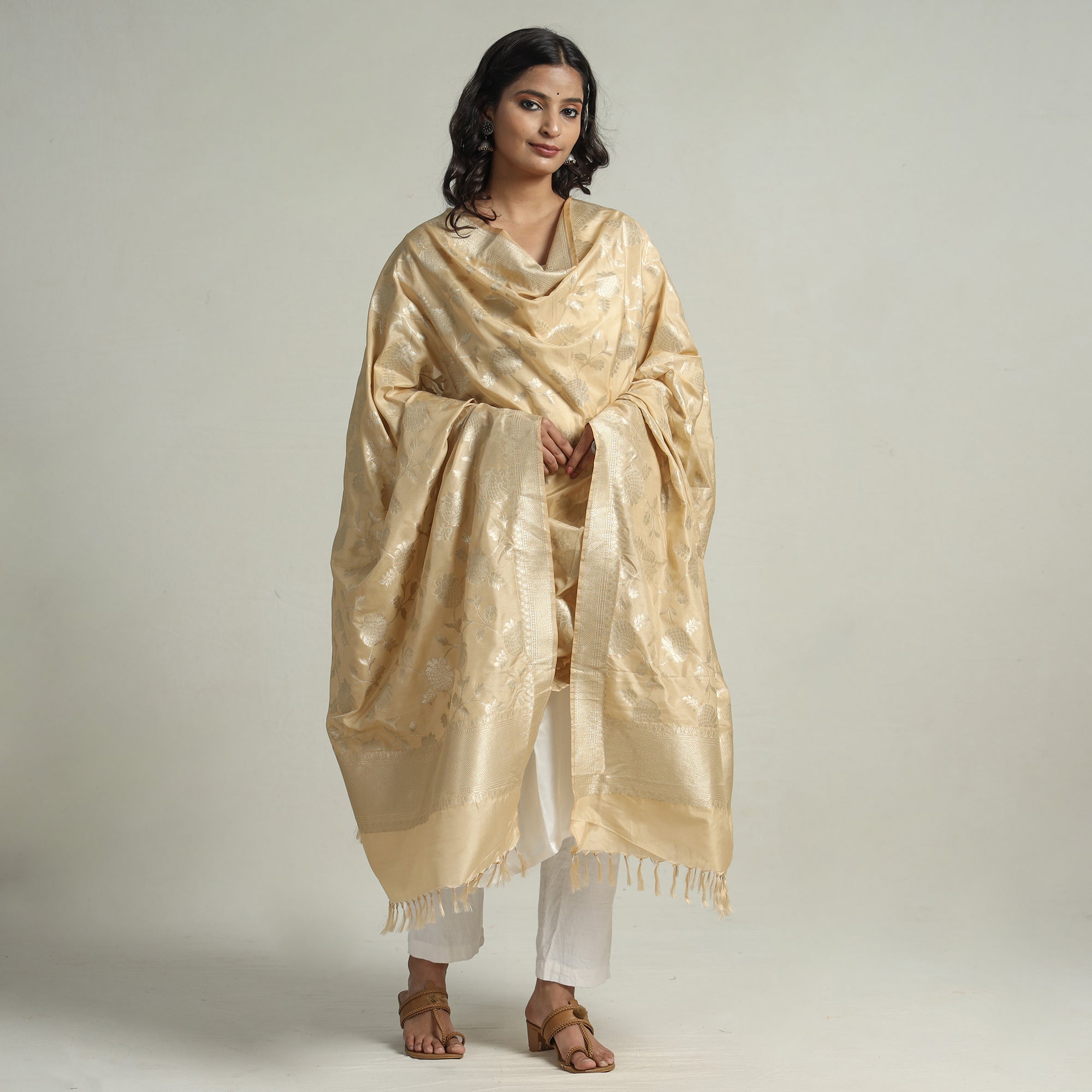 BANARASI BY MAQBUL HASAN Beige - Banarasi Semi Silk Zari Jaal Dupatta with Tassels 77 - view 2