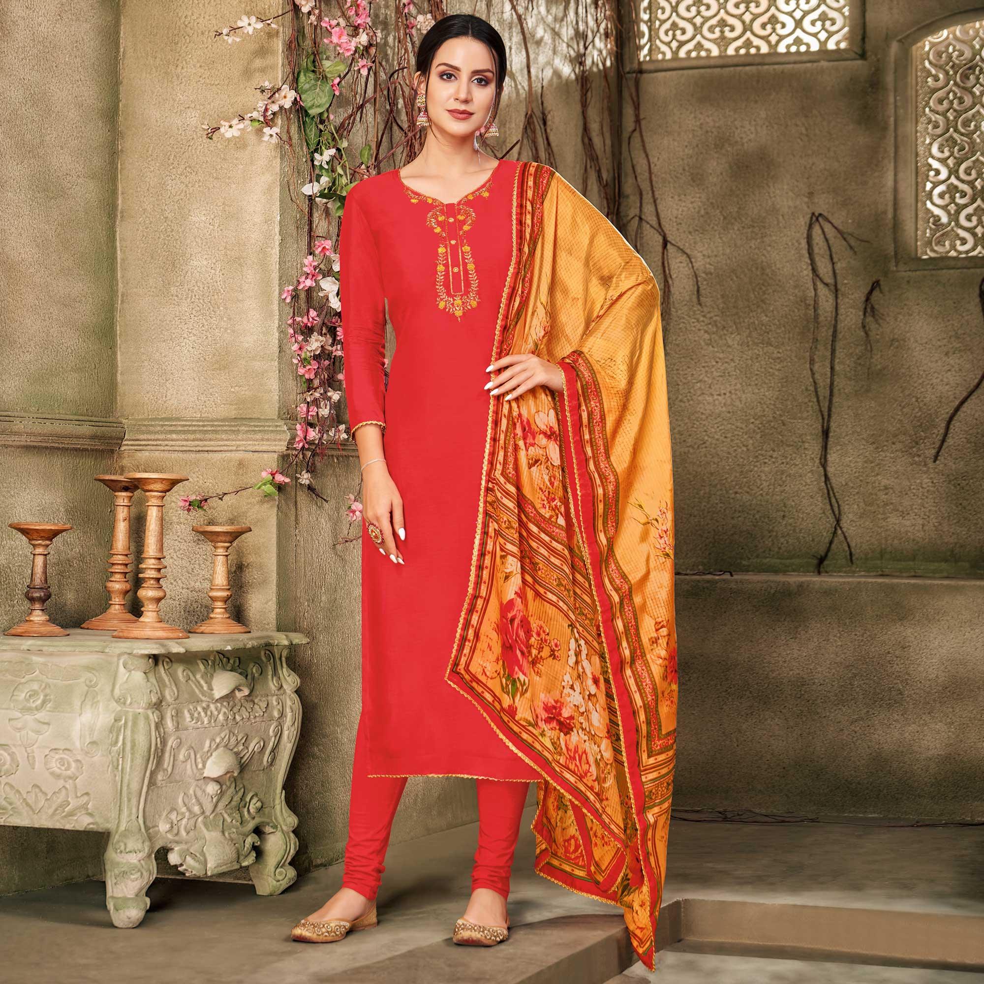 Peachmode Glowing Coral Red Colored Casual Wear Embroidered Chanderi Dress Material