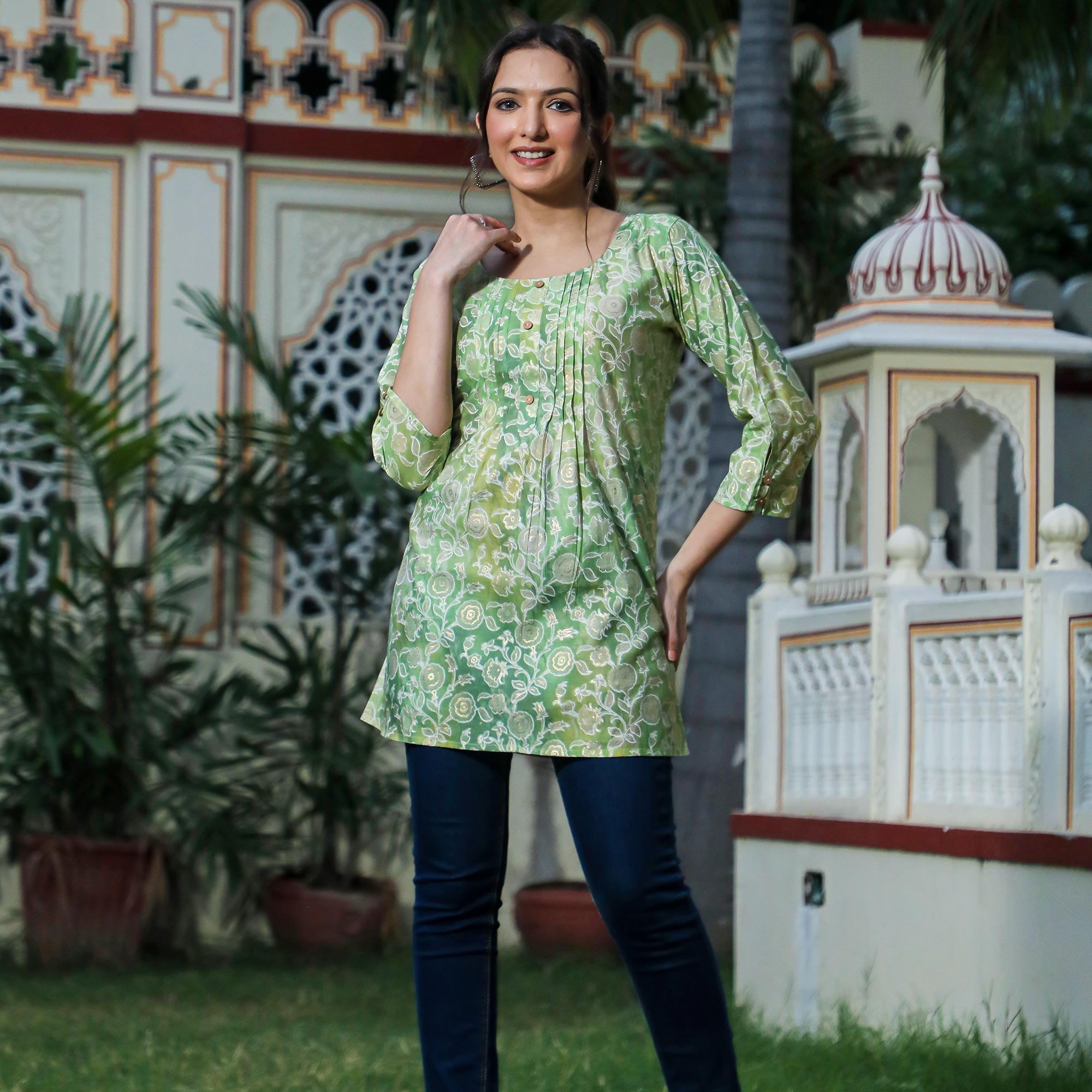 BlackTree green-floral-foil-printed-modal-top - view 7