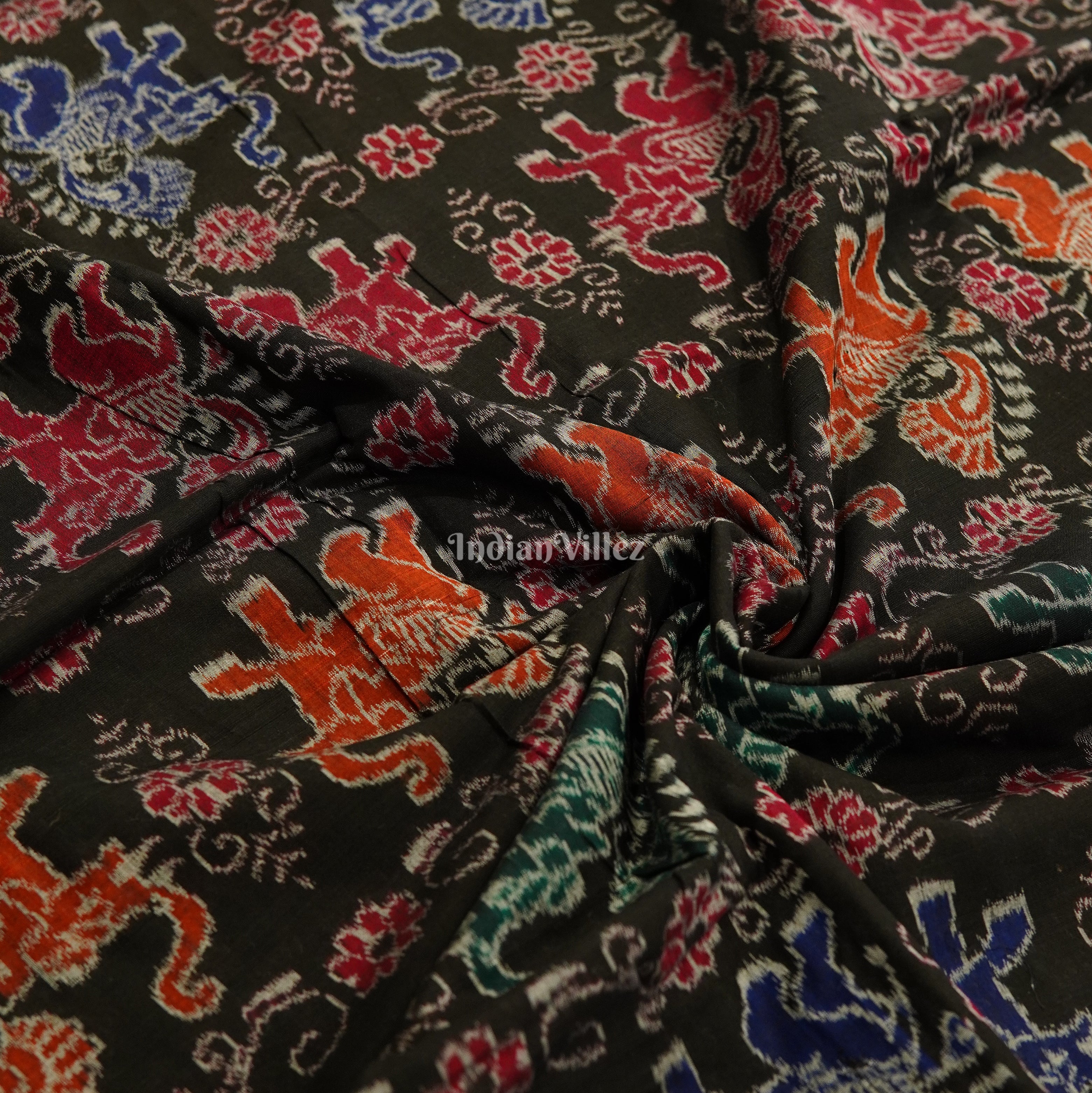 IndianVillèz Black Elephant Theme Sambalpuri Ikat Cotton Fabric