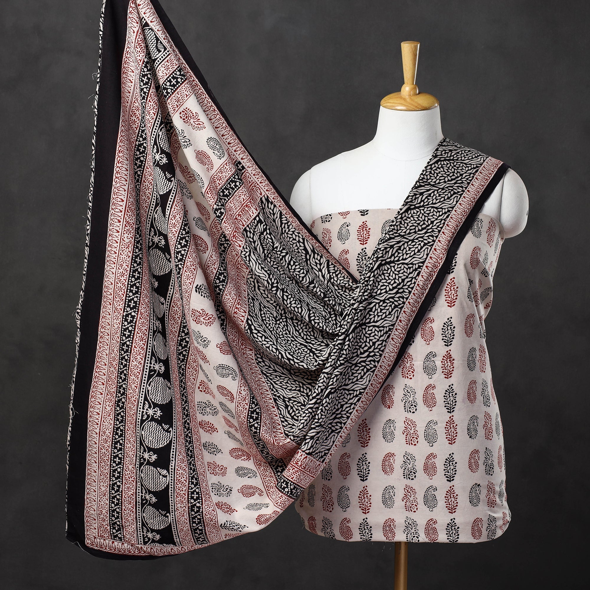 BAGH PRINTS BY MOHAMMED BILAL KHATRI Beige - 3pc Natural Dyed Cotton Bagh Print Suit Material Set 07