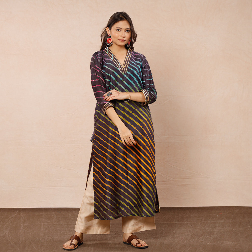ITOKRI CASUALS Brown - Leheriya Tie-Dye Chanderi Silk Long Kurta - view 2