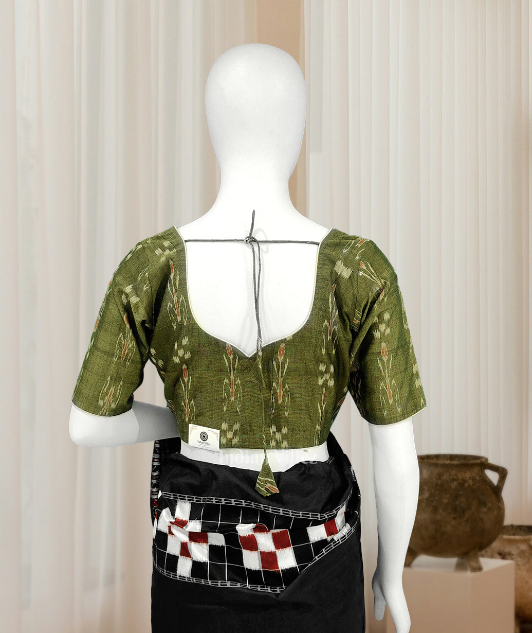 IndianVillèz Mehendi Green Odisha Ikat Sambalpuri Cotton Blouse - view 2