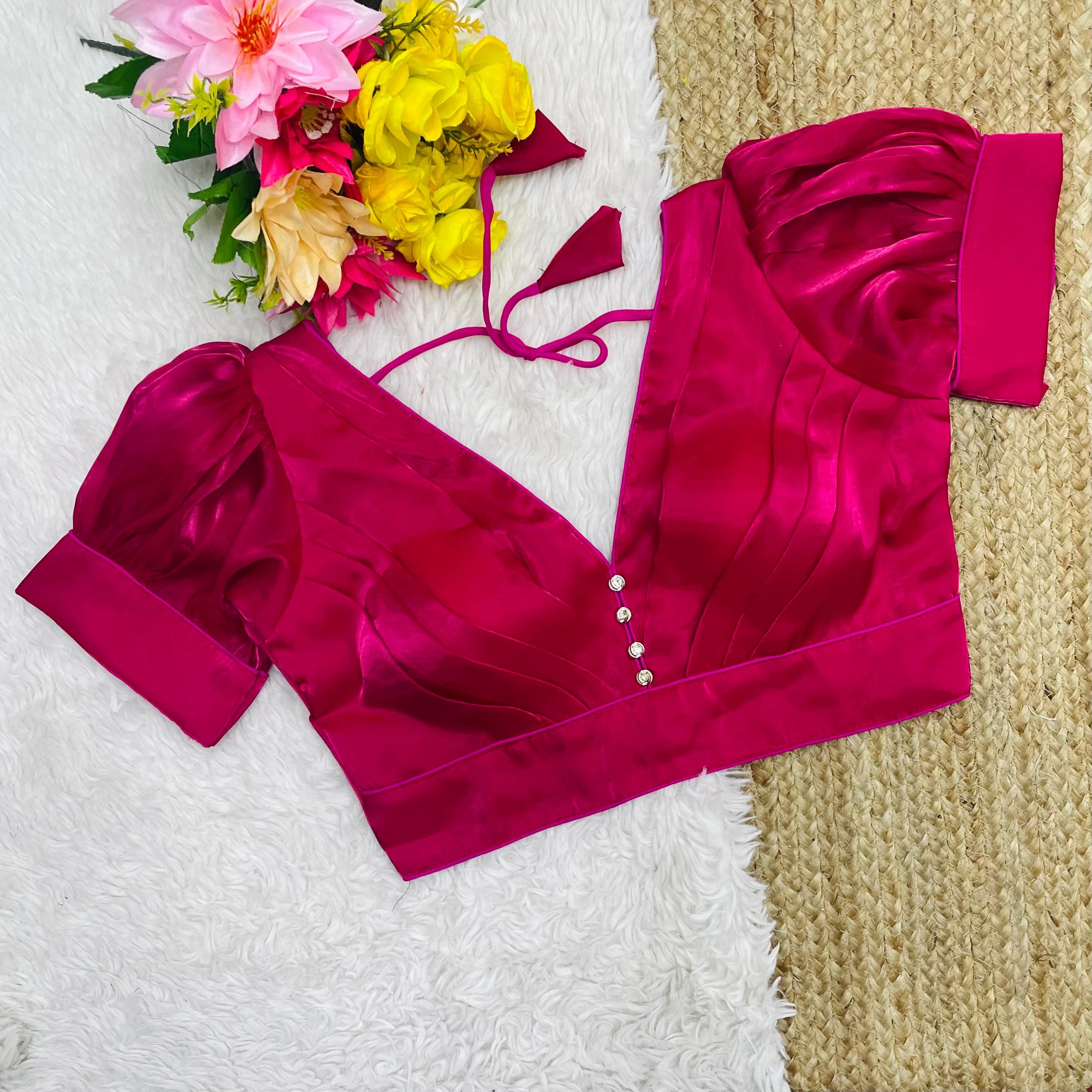ClothsVilla Dark Pink Glamorous Ruffled Metallic Jimmy Choo Blouse
