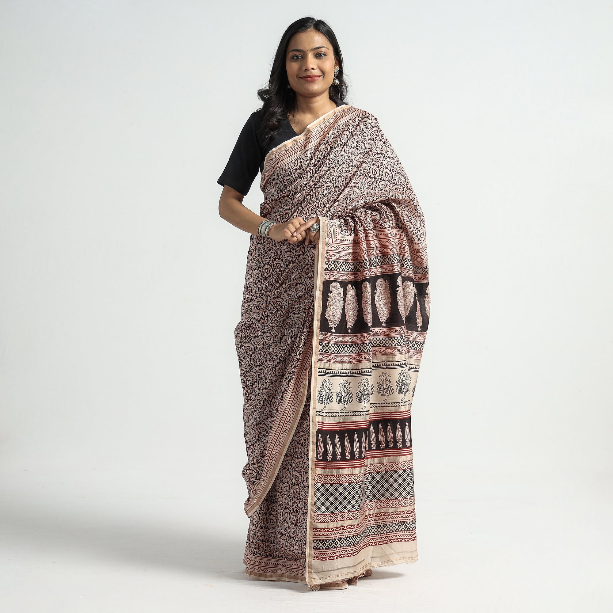 BAGH PRINTS BY MOHAMMED BILAL KHATRI Beige - Bagh Hand Block Printed Natural Dyed Chanderi Silk Saree